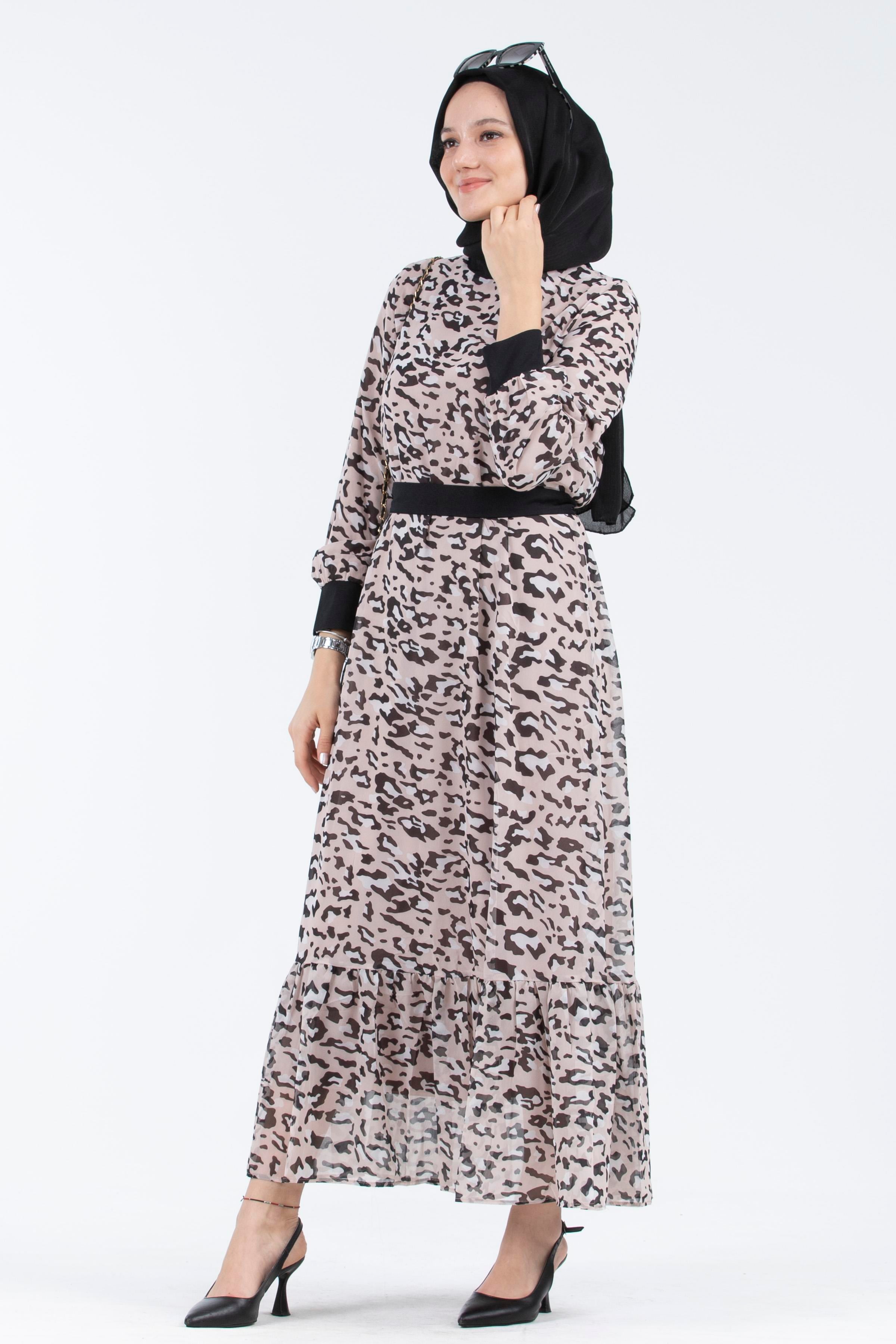 Leopar Desenli Şifon Elbise-Pudra