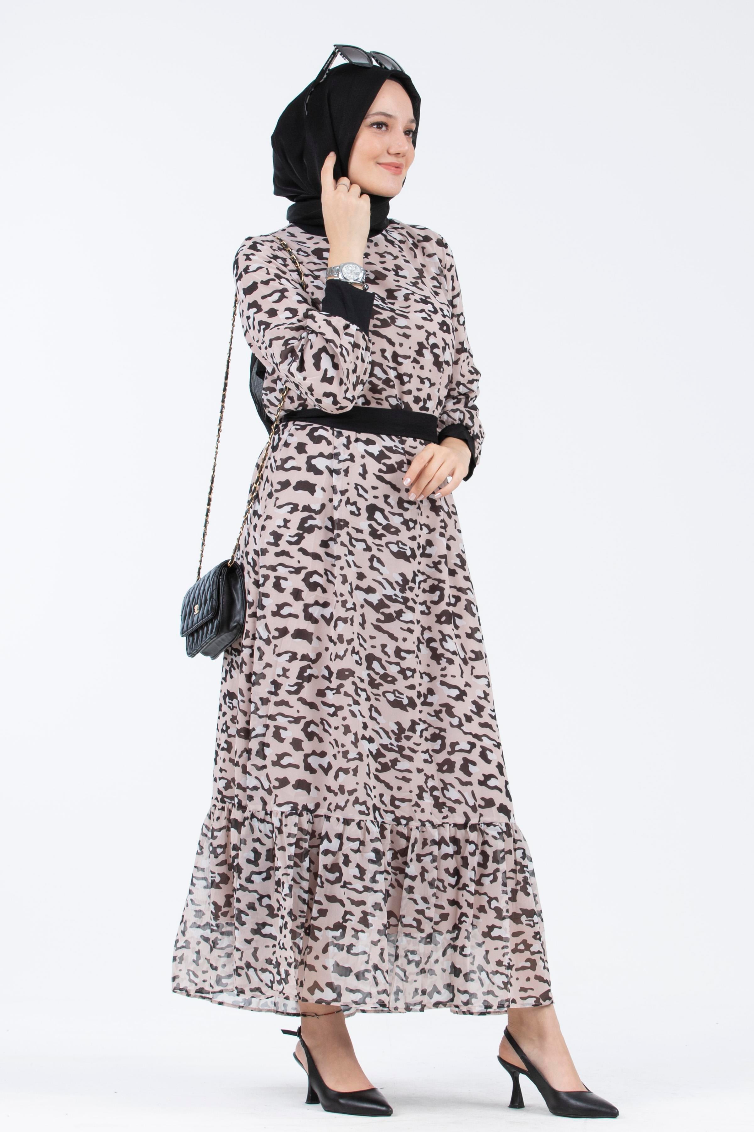Leopar Desenli Şifon Elbise-Pudra