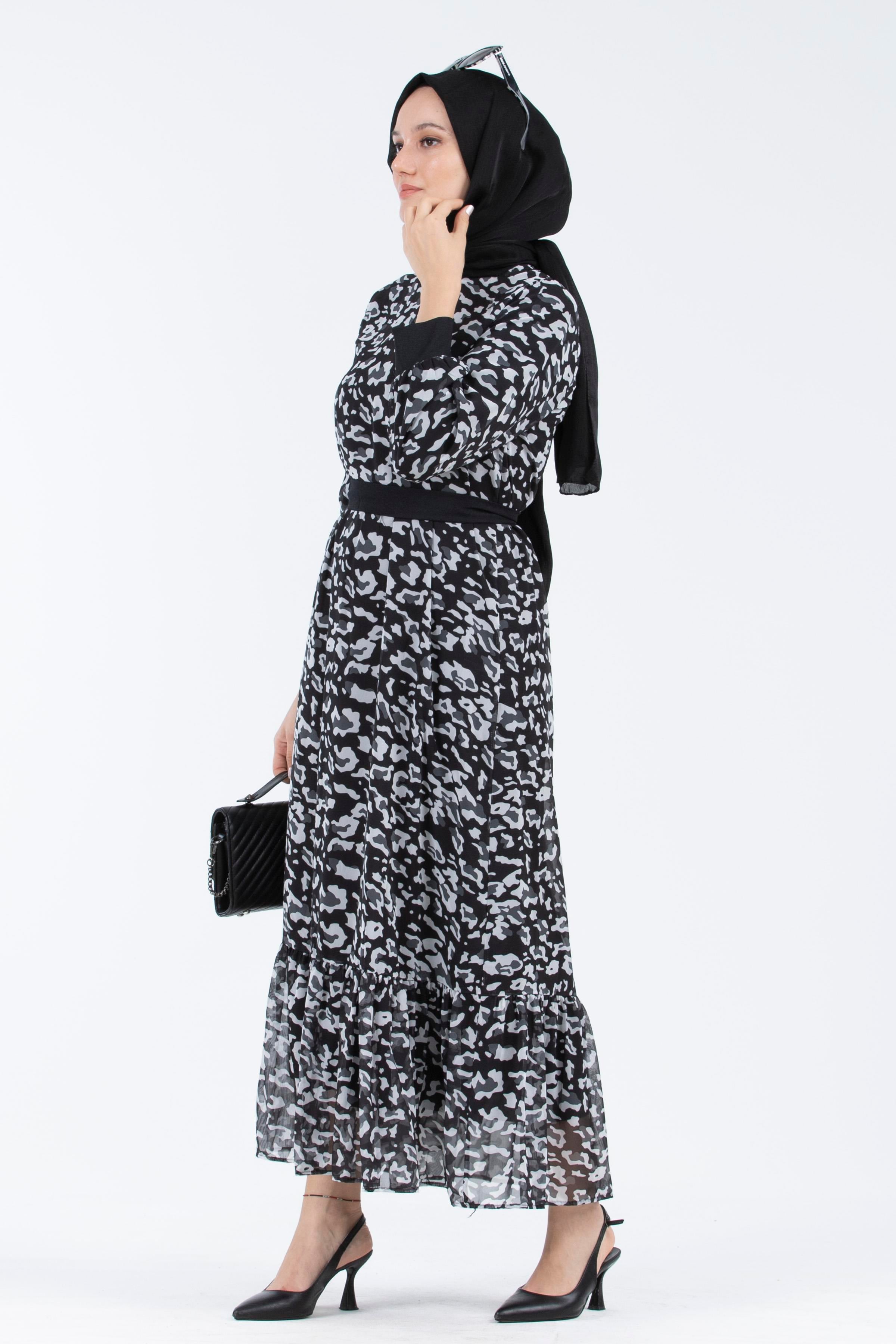 Leopar Desenli Şifon Elbise-Siyah