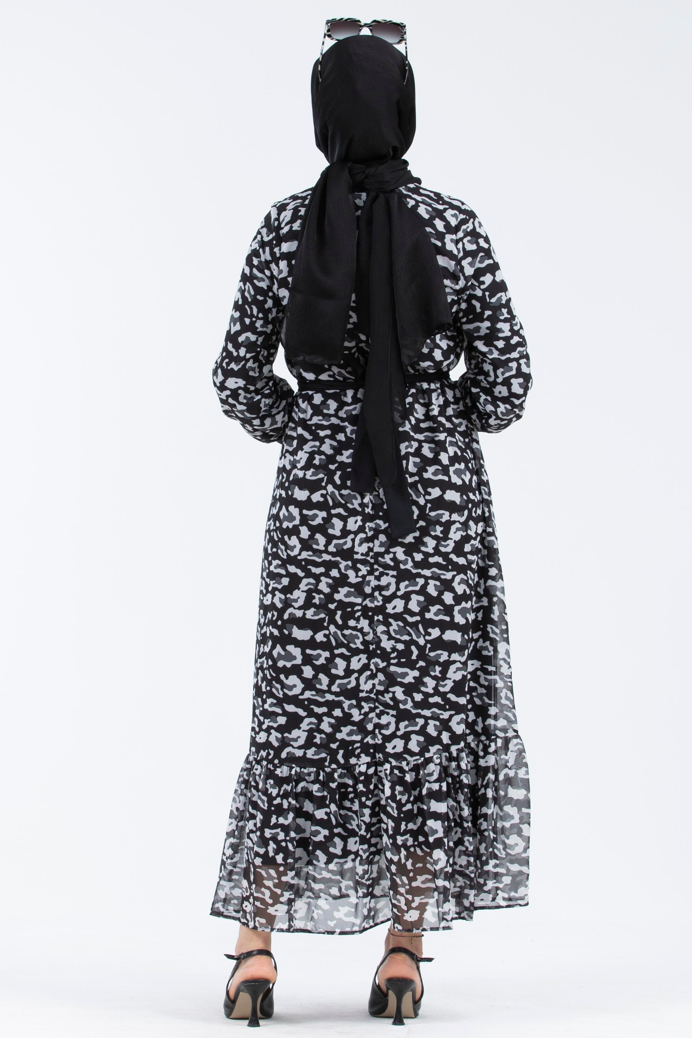Leopar Desenli Şifon Elbise-Siyah