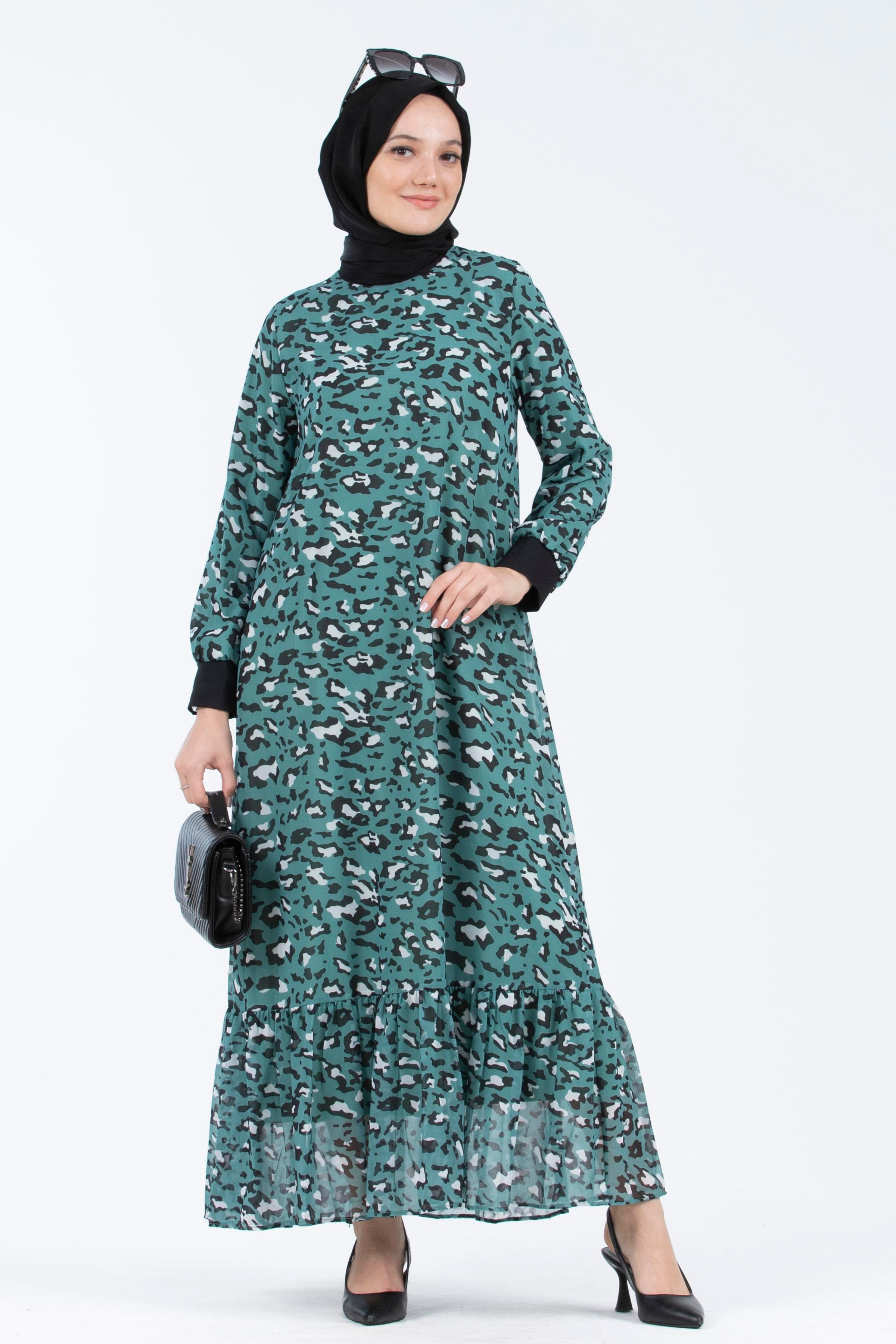 Leopar Desenli Şifon Elbise-Yeşil