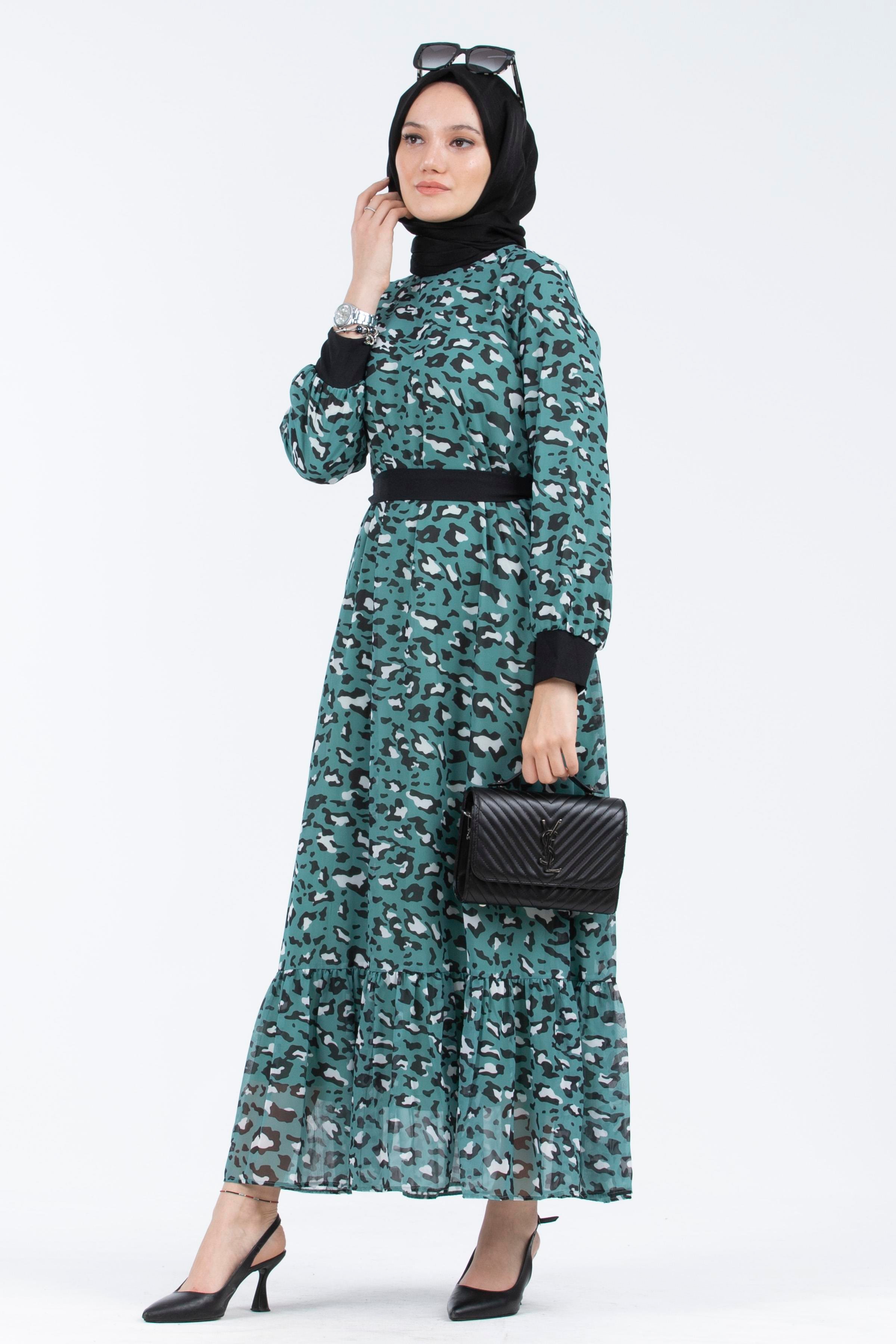 Leopar Desenli Şifon Elbise-Yeşil