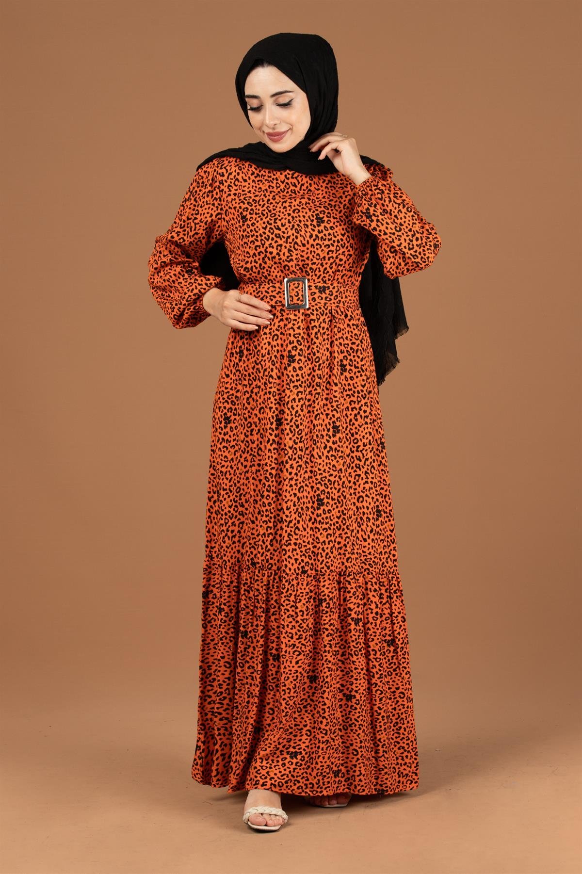 Leopar Desenli Viscon Elbise-Oranj