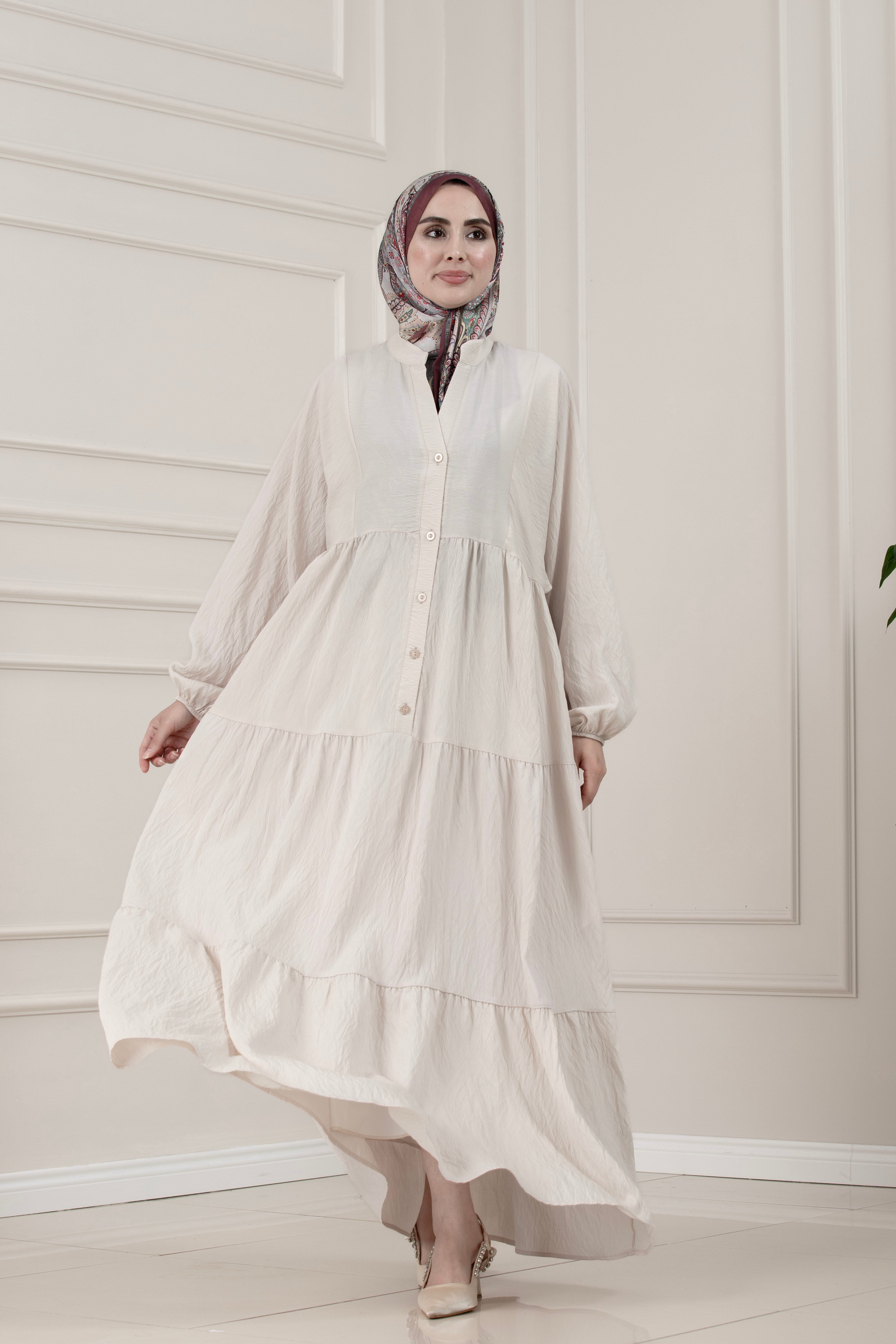 Lilyum Kumaş Robalı Katya Elbise-BEJ