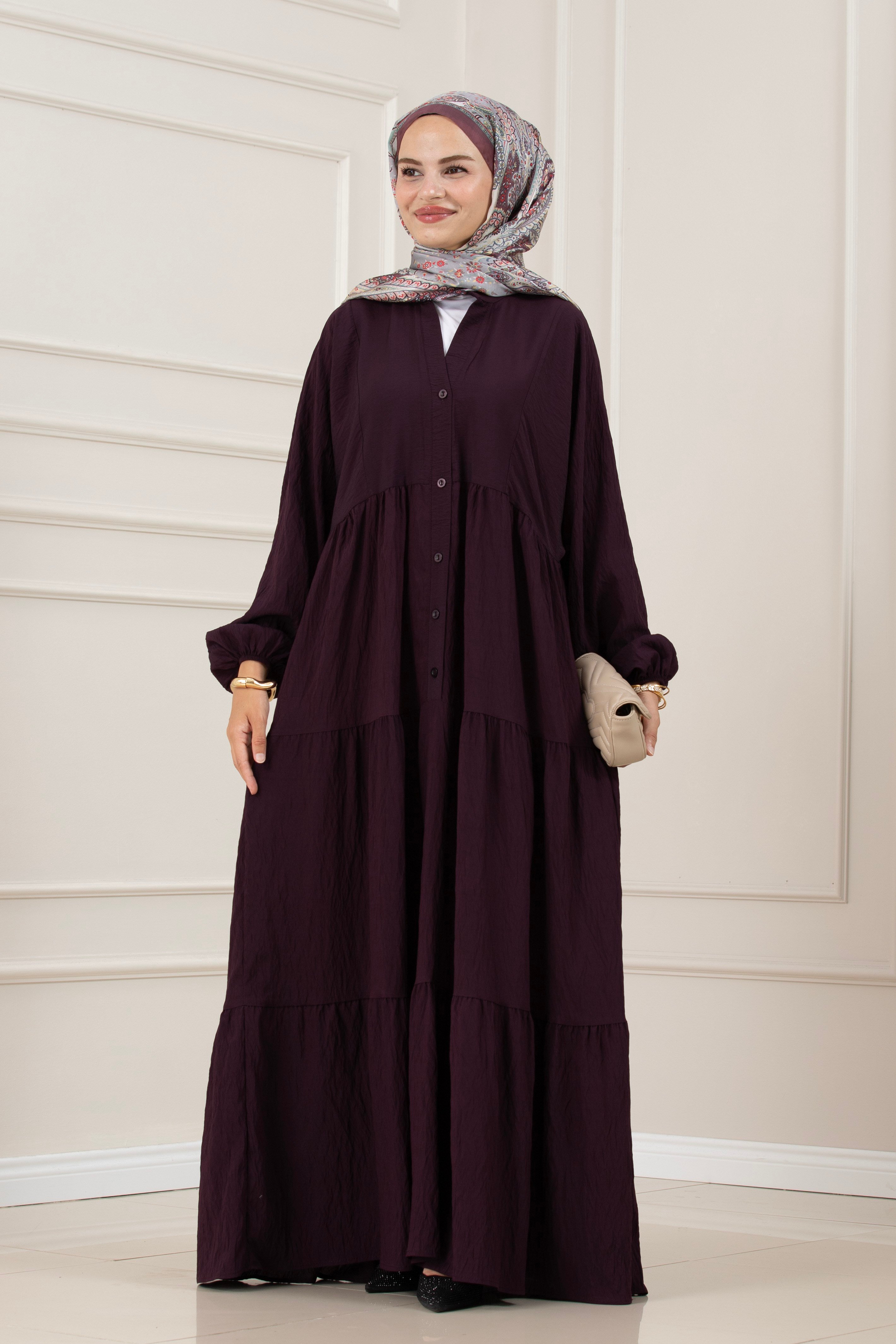 Lilyum Kumaş Robalı Katya Elbise-BORDO