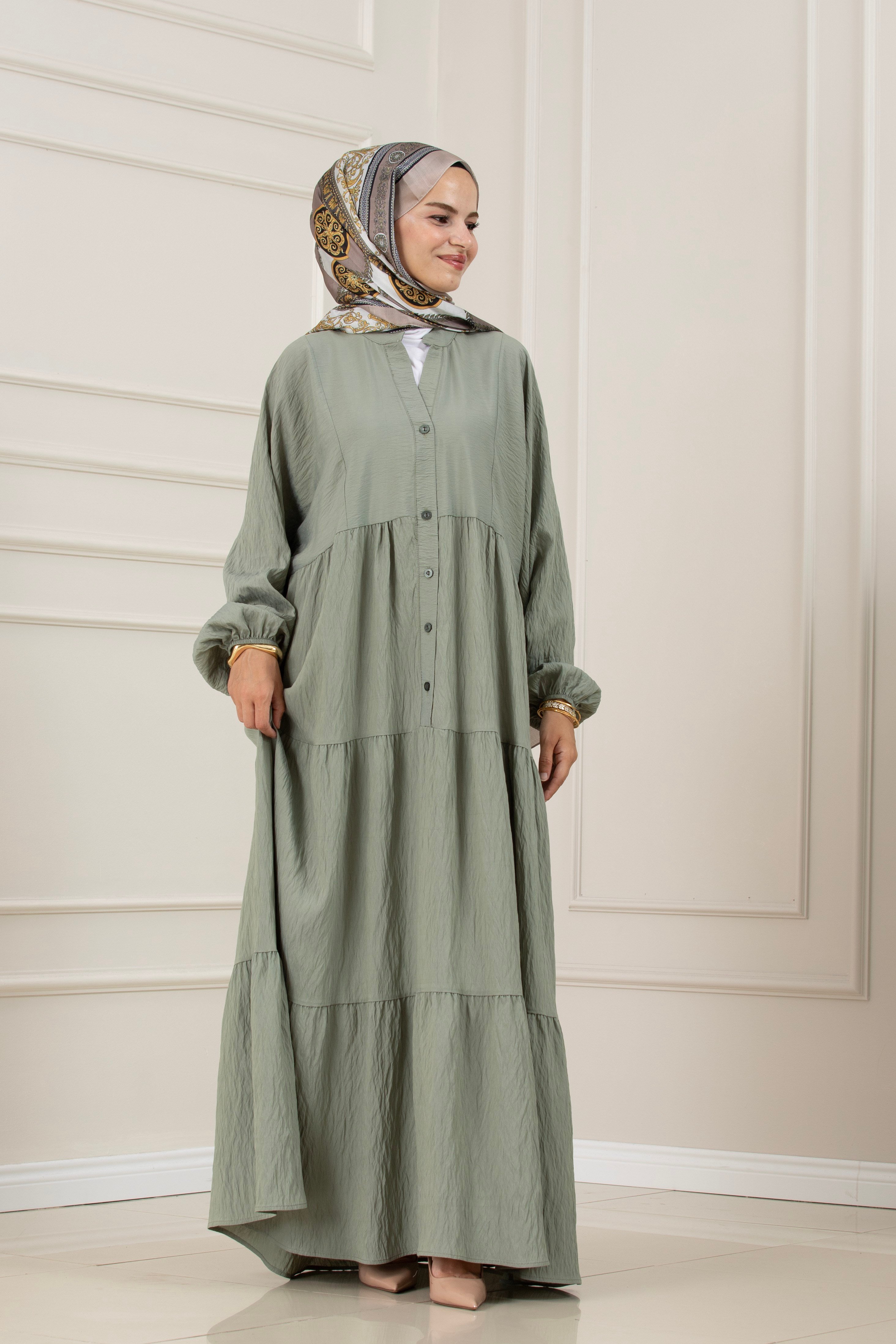 Lilyum Kumaş Robalı Katya Elbise-MİNT YEŞİLİ