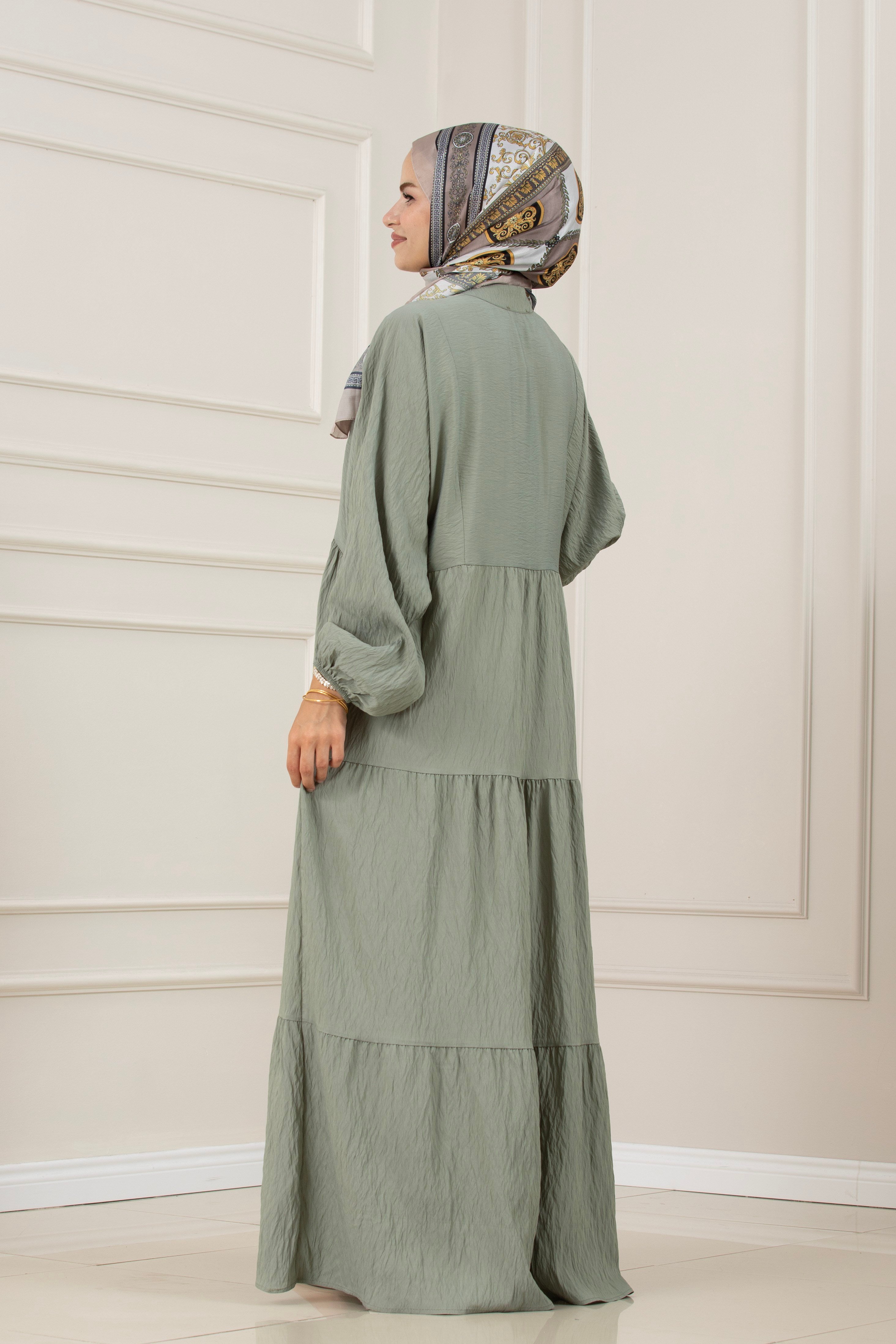 Lilyum Kumaş Robalı Katya Elbise-MİNT YEŞİLİ