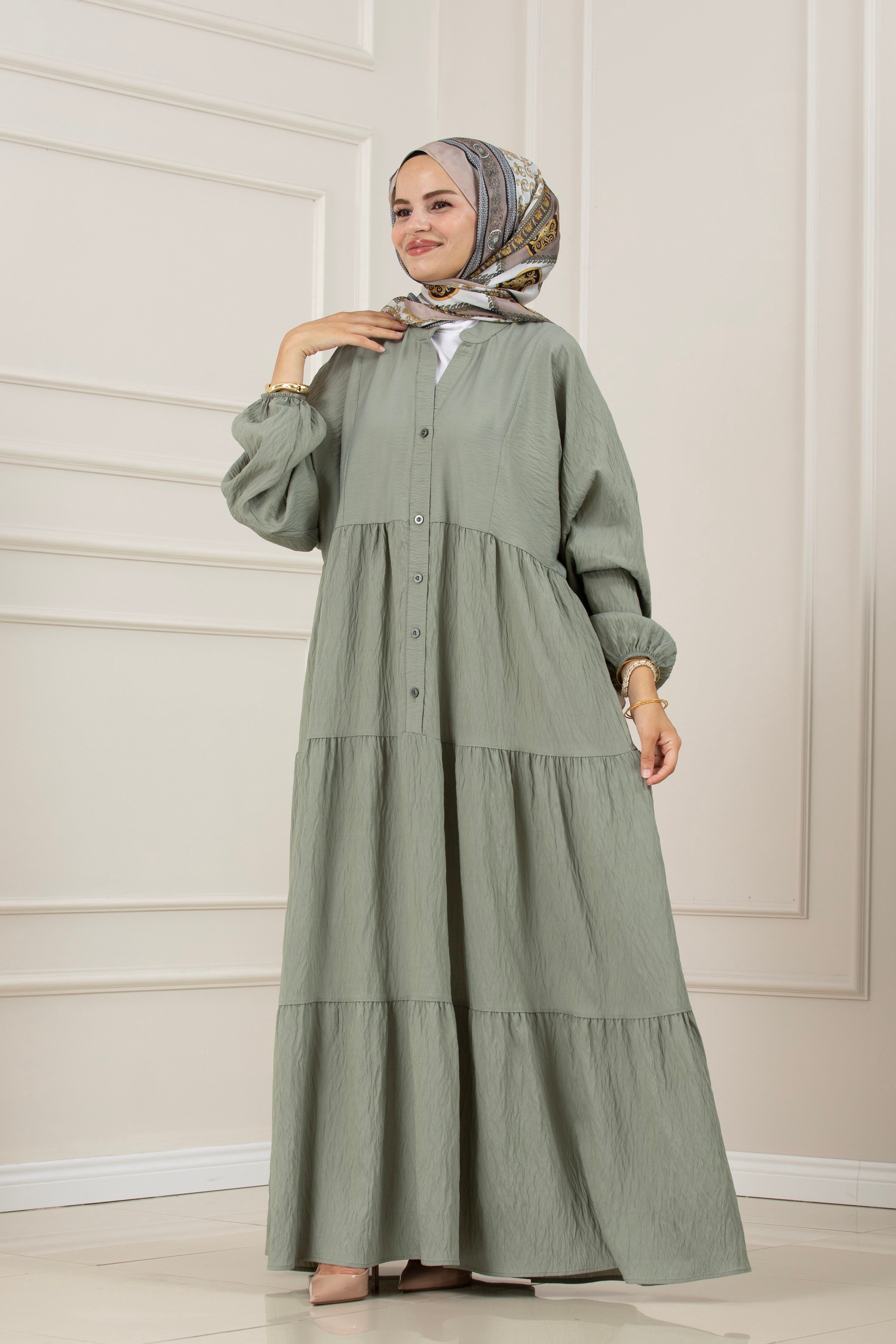 Lilyum Kumaş Robalı Katya Elbise-MİNT YEŞİLİ