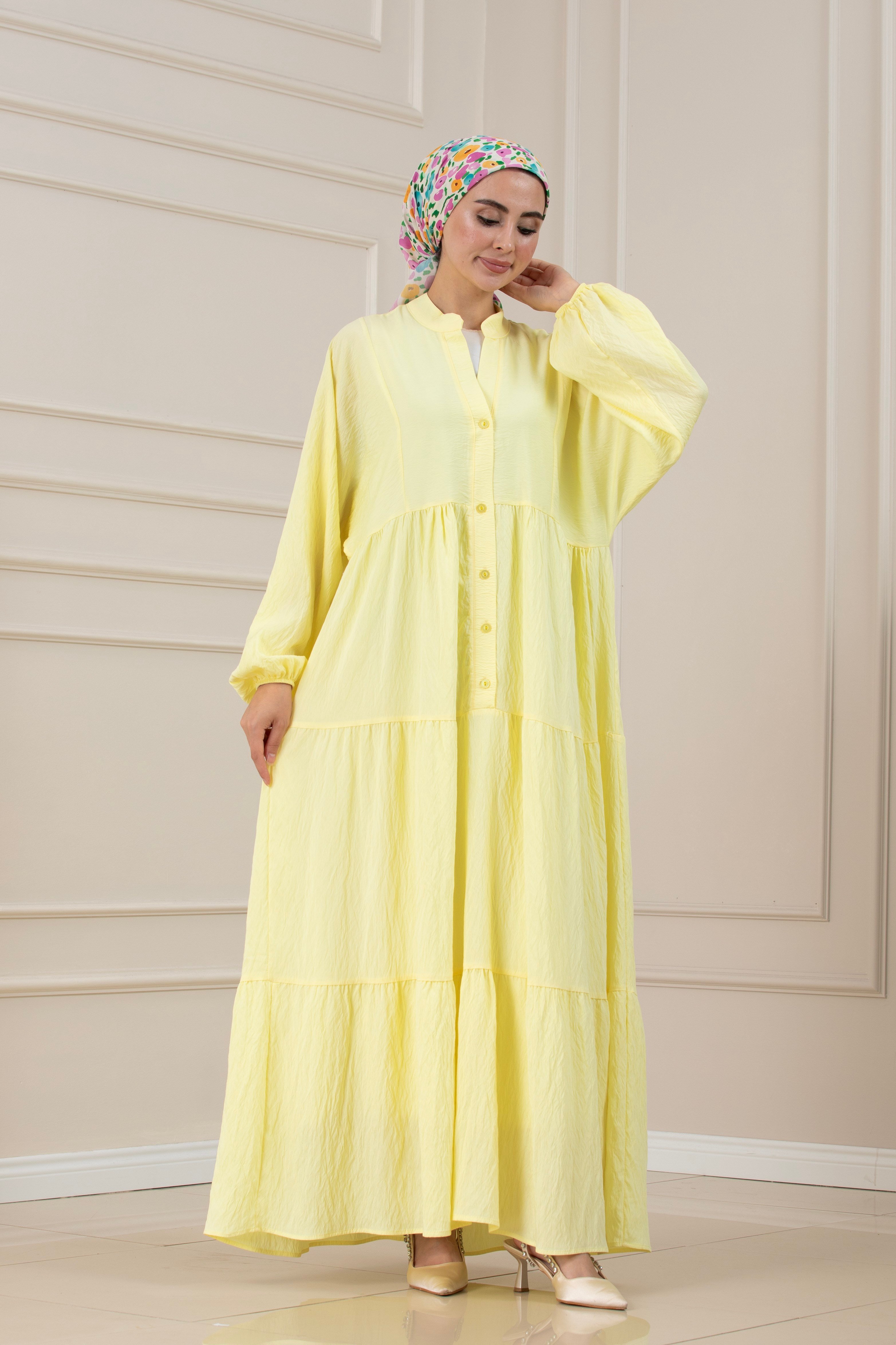 Lilyum Kumaş Robalı Katya Elbise-SARI