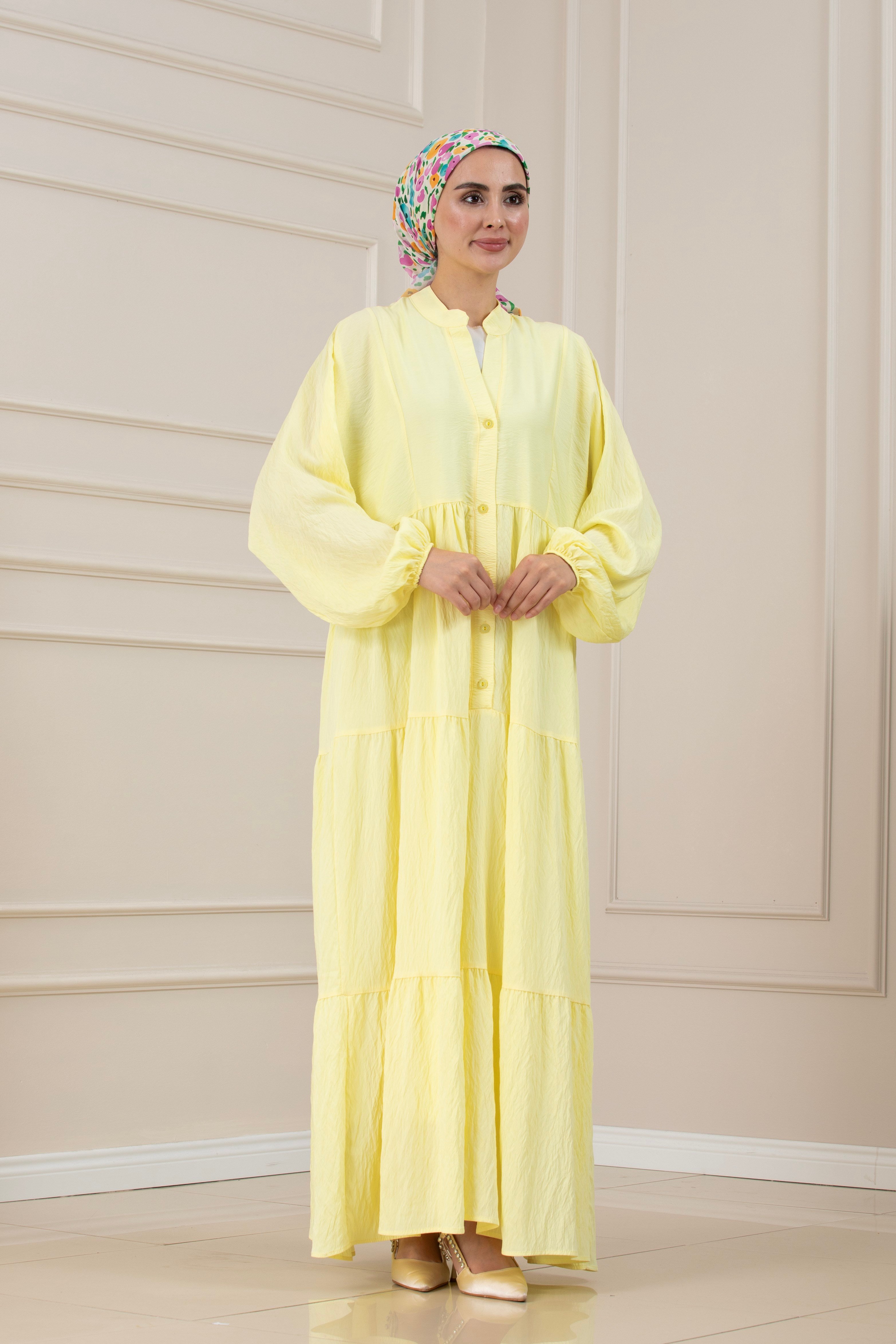 Lilyum Kumaş Robalı Katya Elbise-SARI