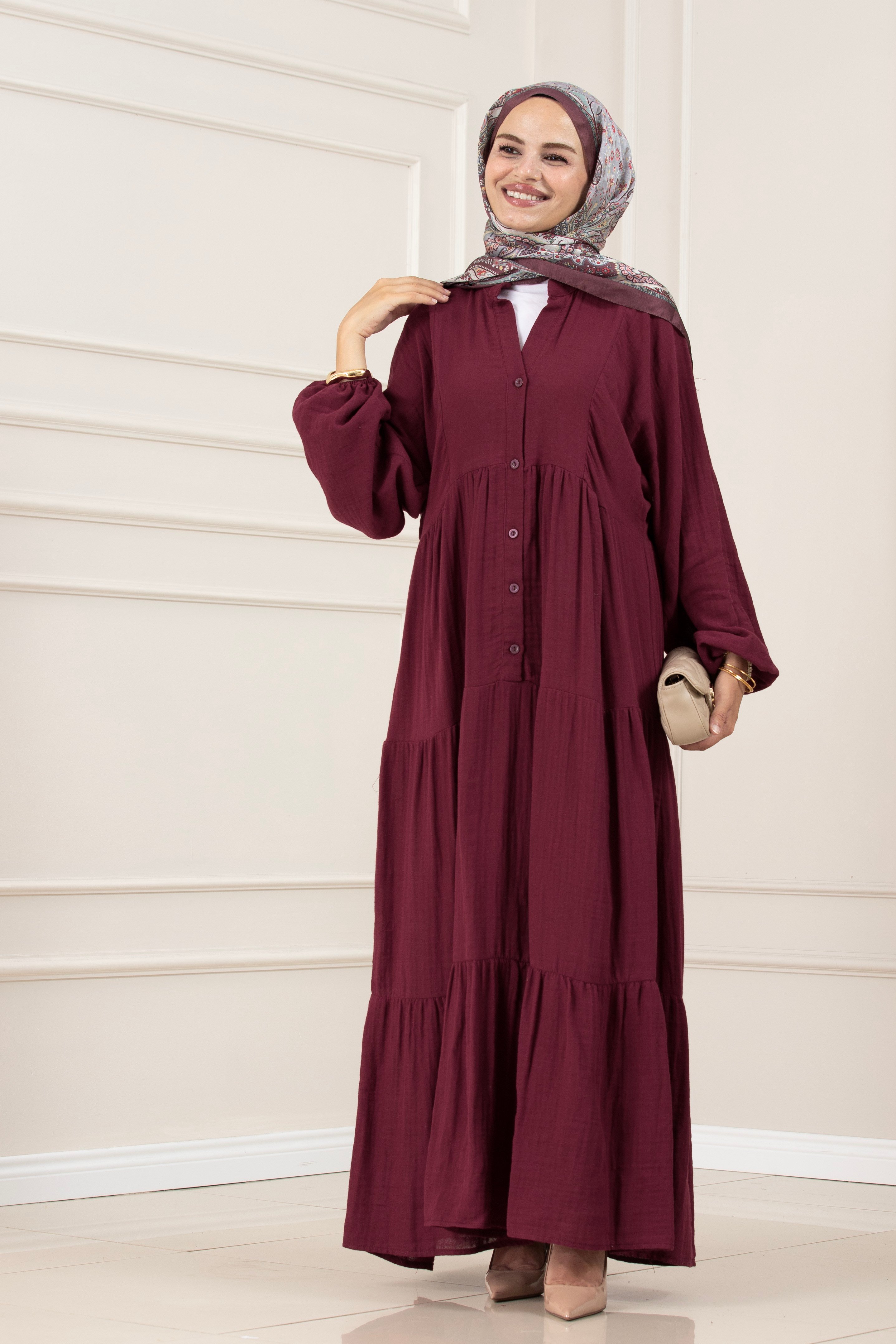 Müslin Kumaş Robalı İvana Elbise-BORDO
