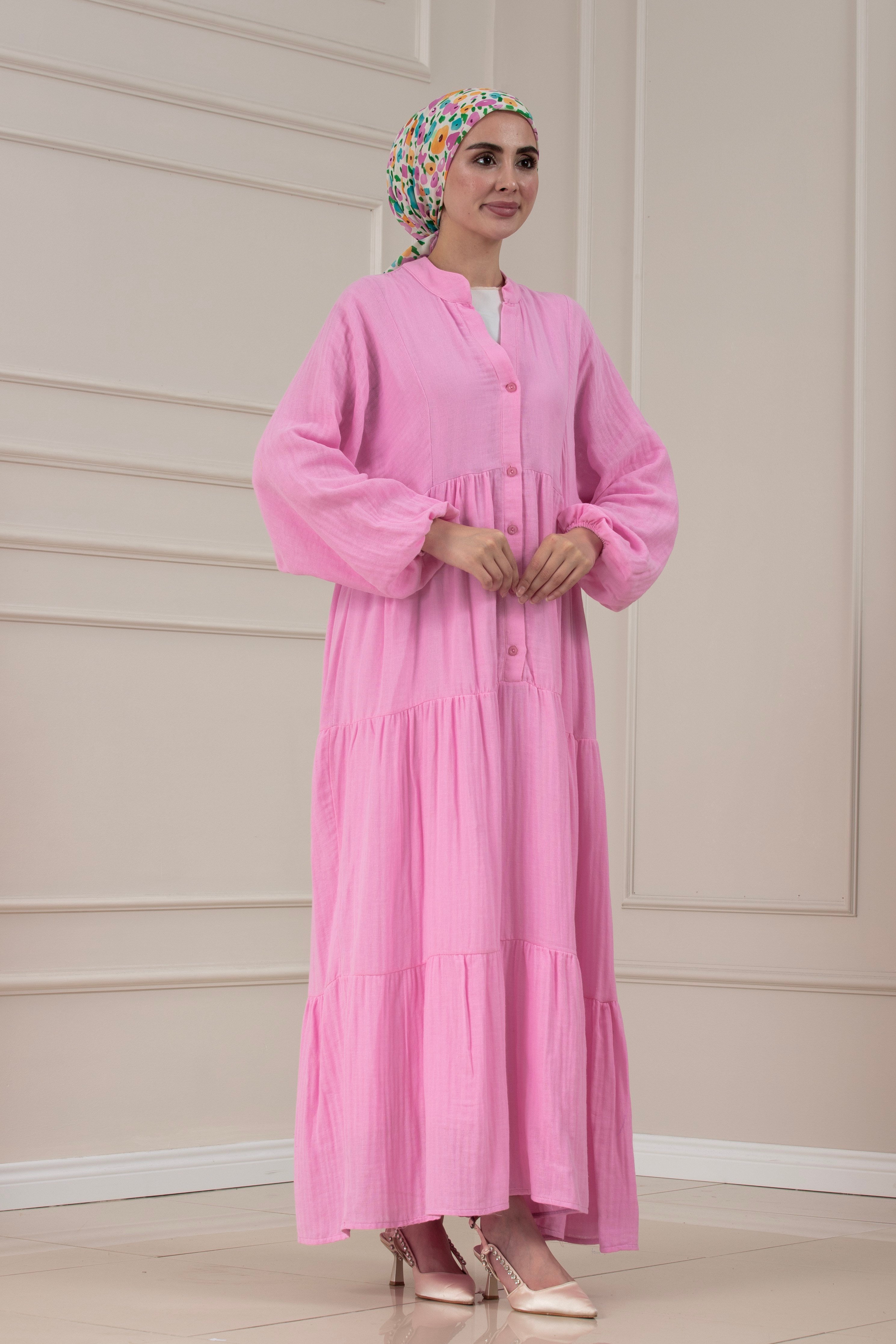 Müslin Kumaş Robalı İvana Elbise-PEMBE