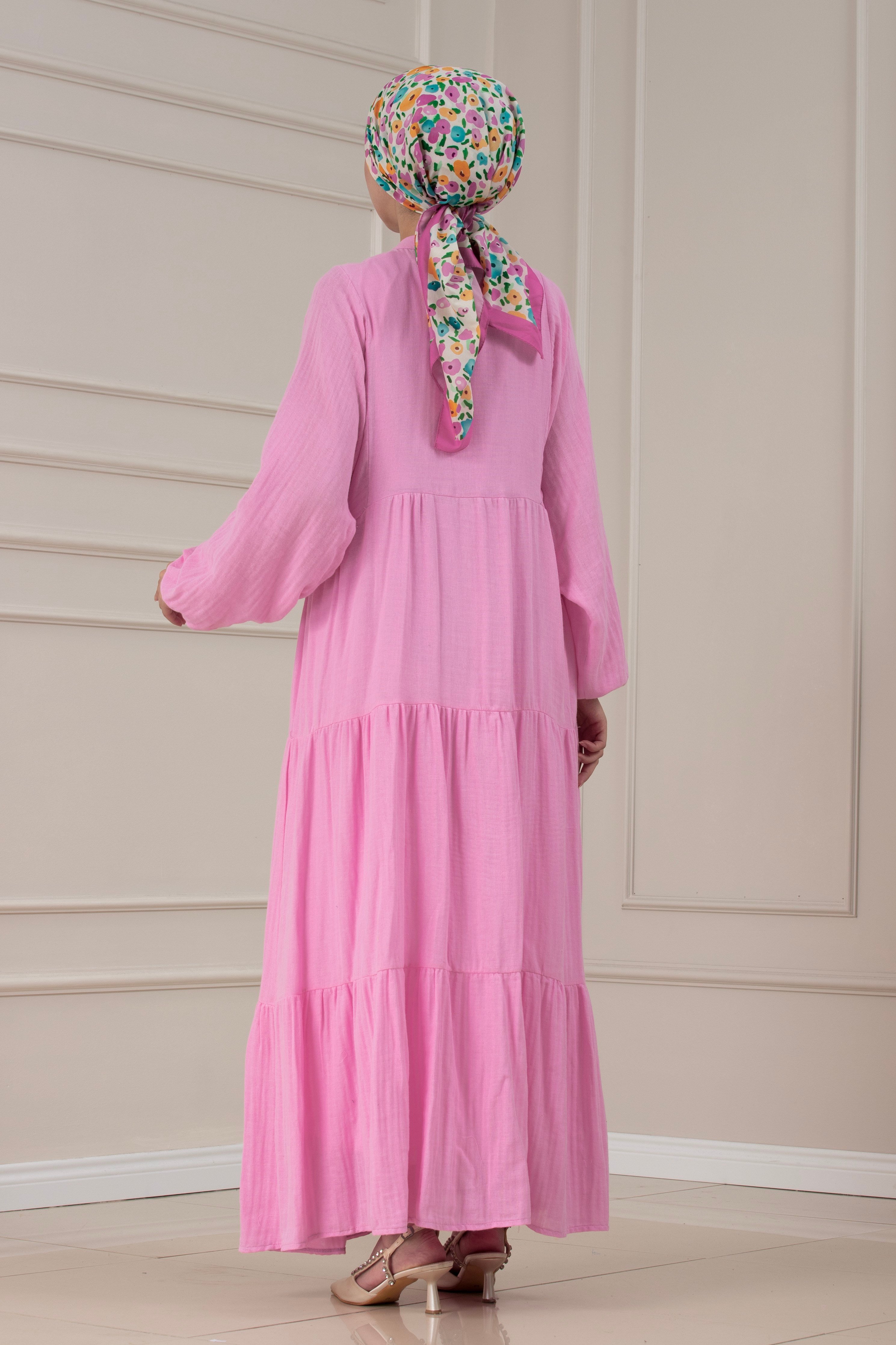 Müslin Kumaş Robalı İvana Elbise-PEMBE