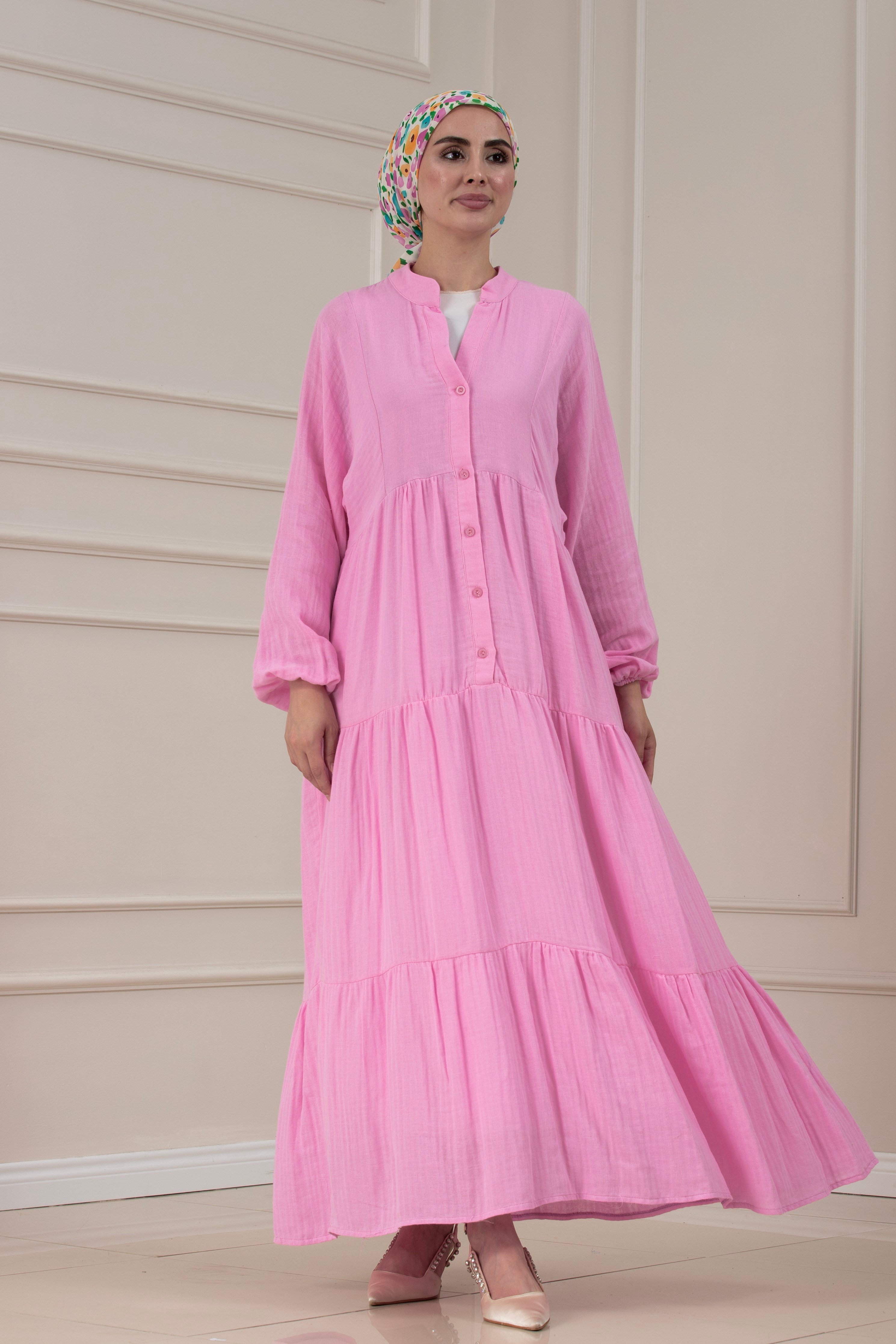 Müslin Kumaş Robalı İvana Elbise-PEMBE