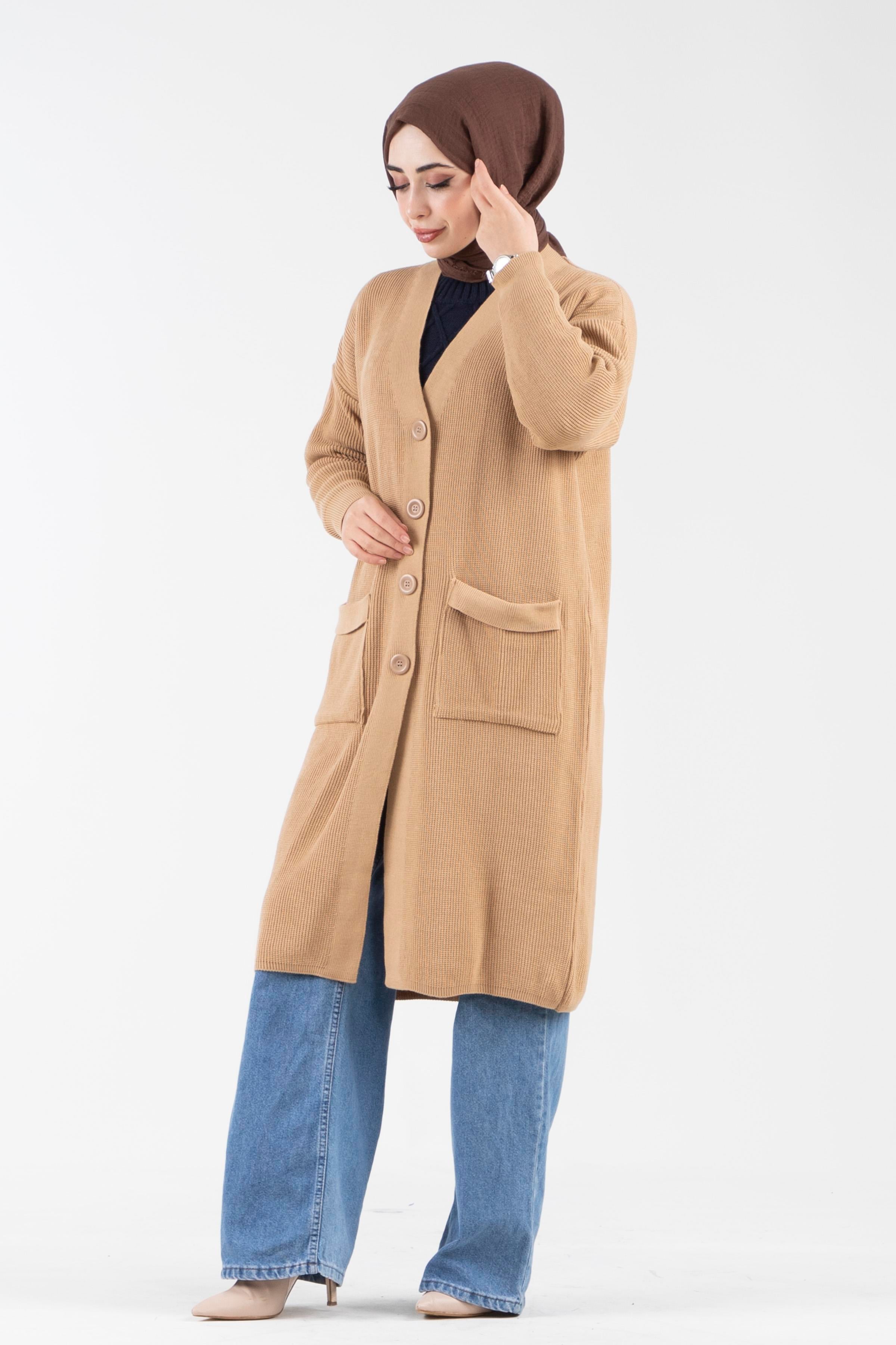 Oversize Düğmeli Triko Hırka-Camel