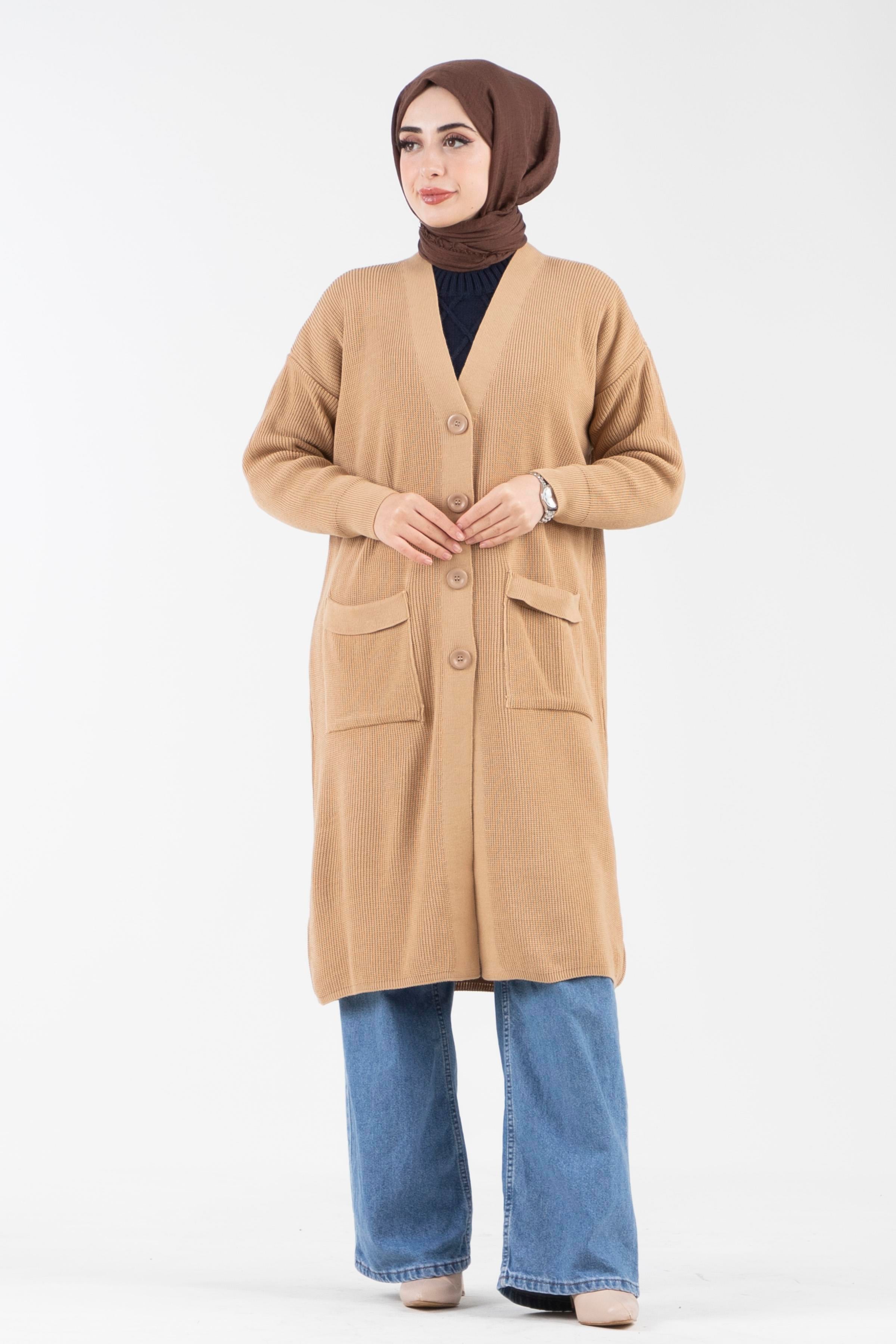 Oversize Düğmeli Triko Hırka-Camel