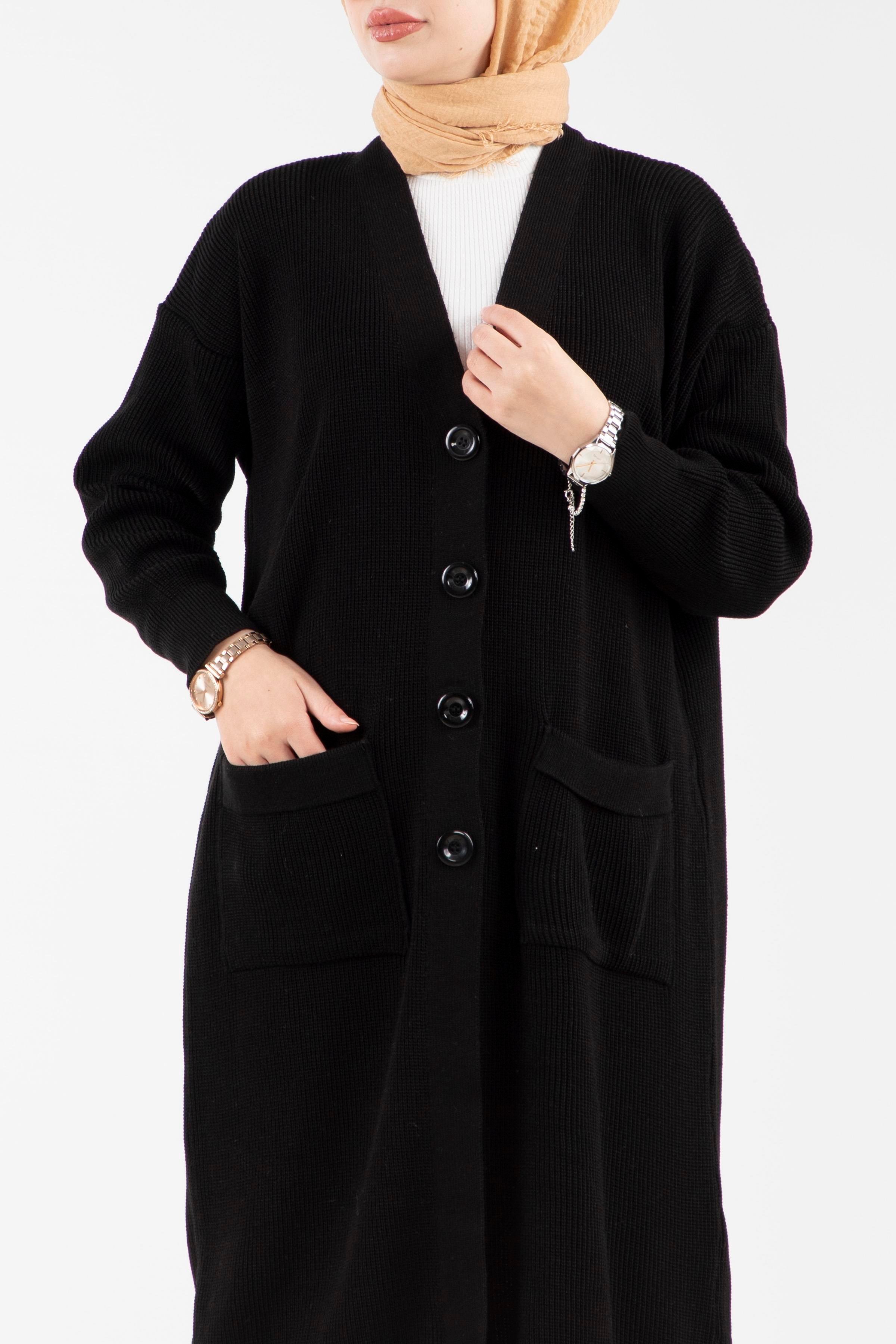 Oversize Düğmeli Triko Hırka-Siyah