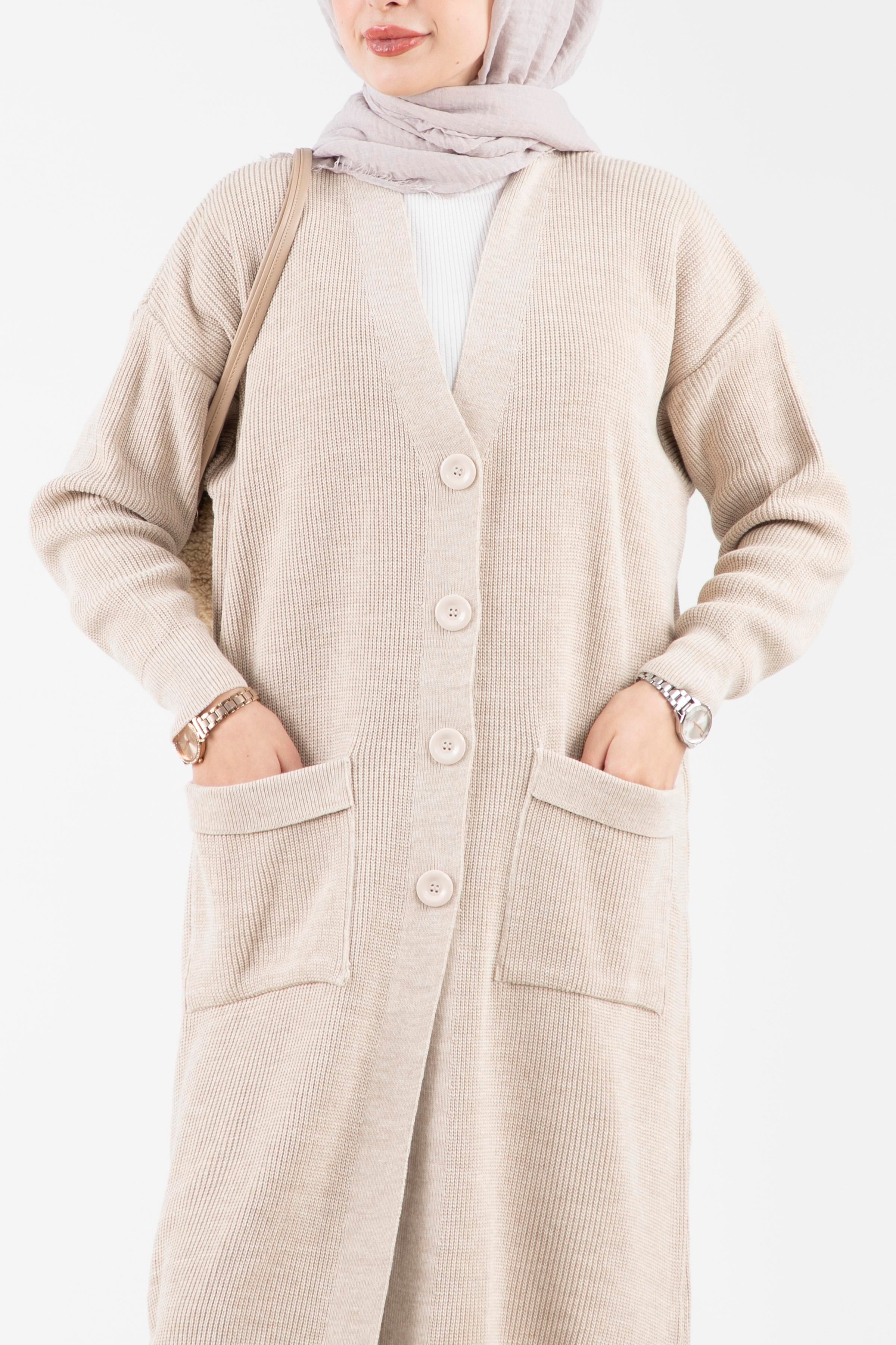 Oversize Düğmeli Triko Hırka-Taş