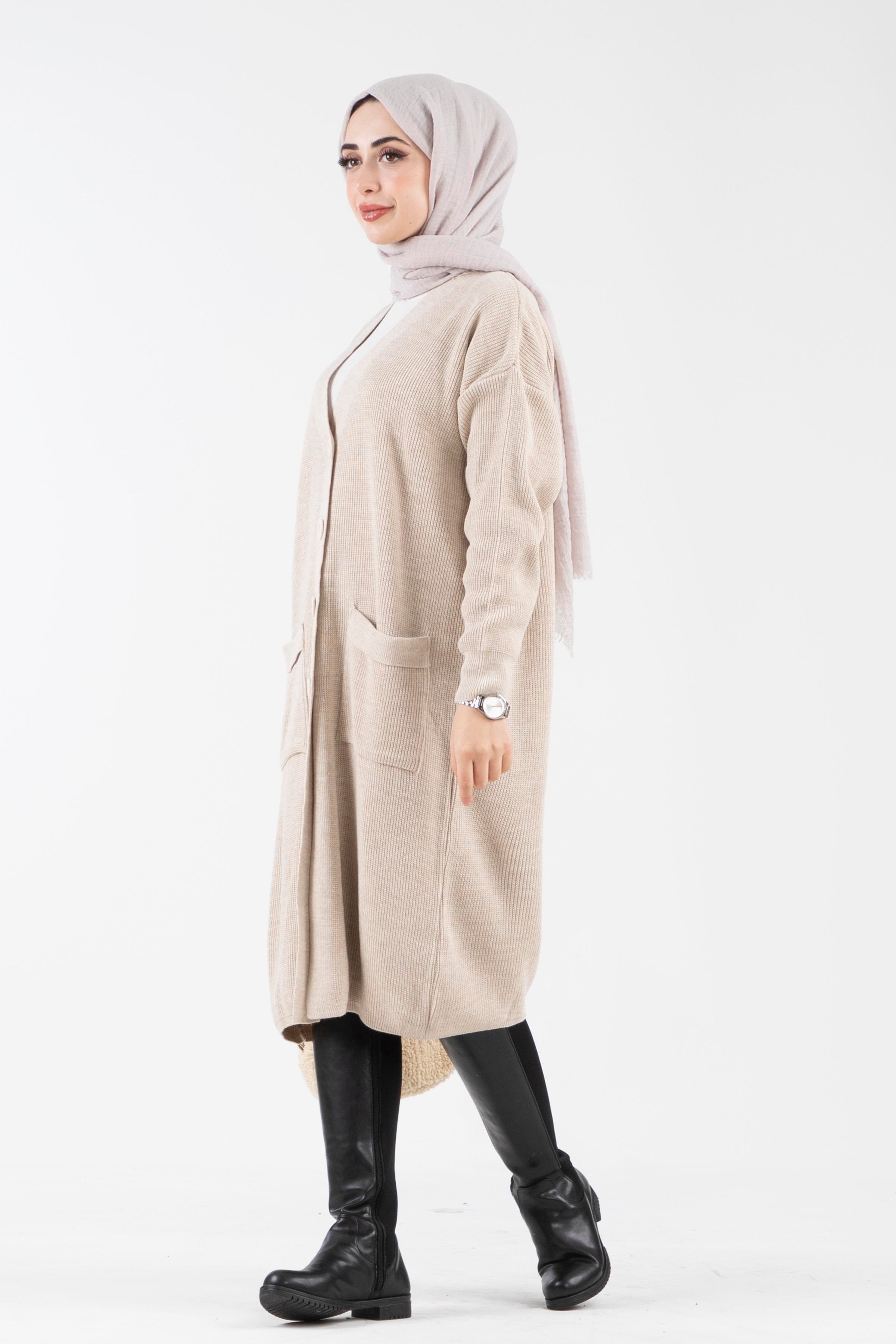 Oversize Düğmeli Triko Hırka-Taş