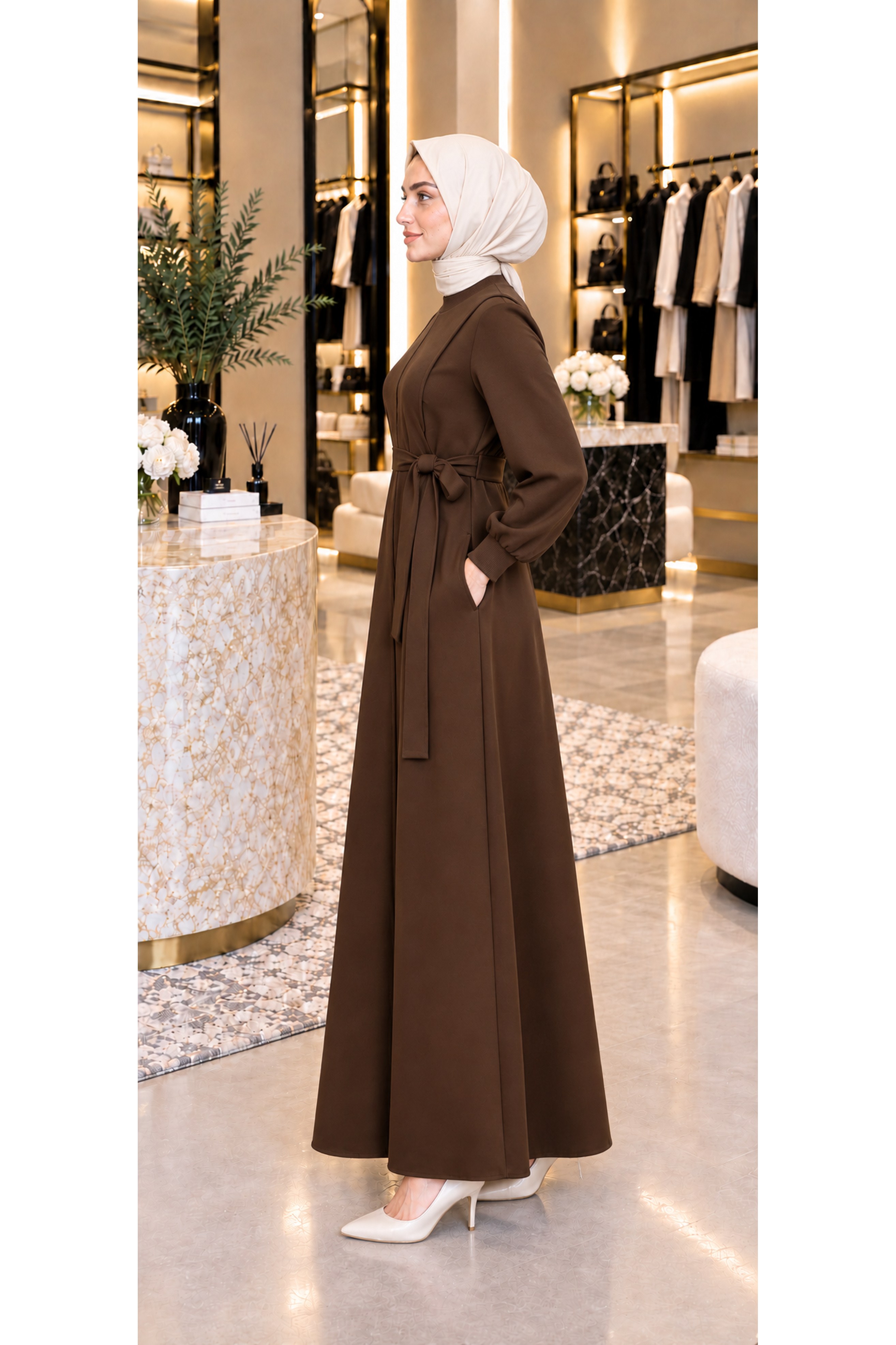 Pleated Detailed Dress -brown color