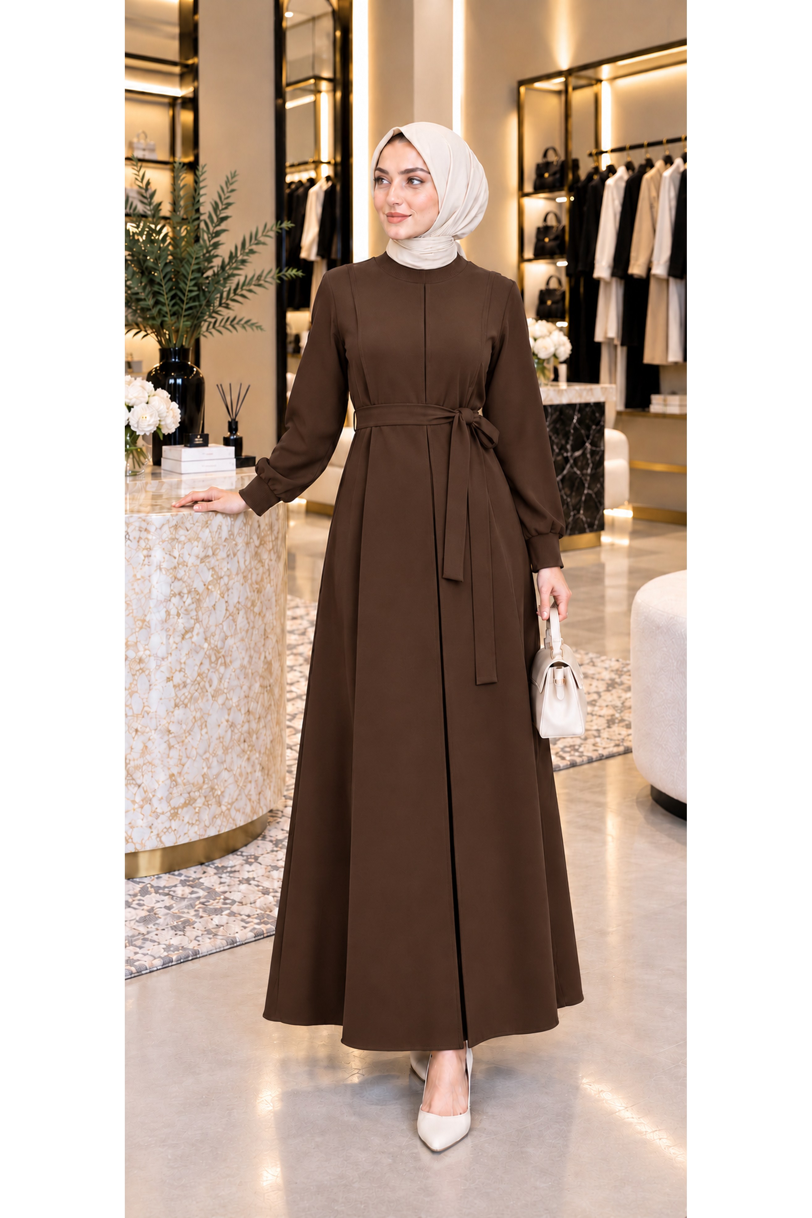 Pleated Detailed Dress -brown color