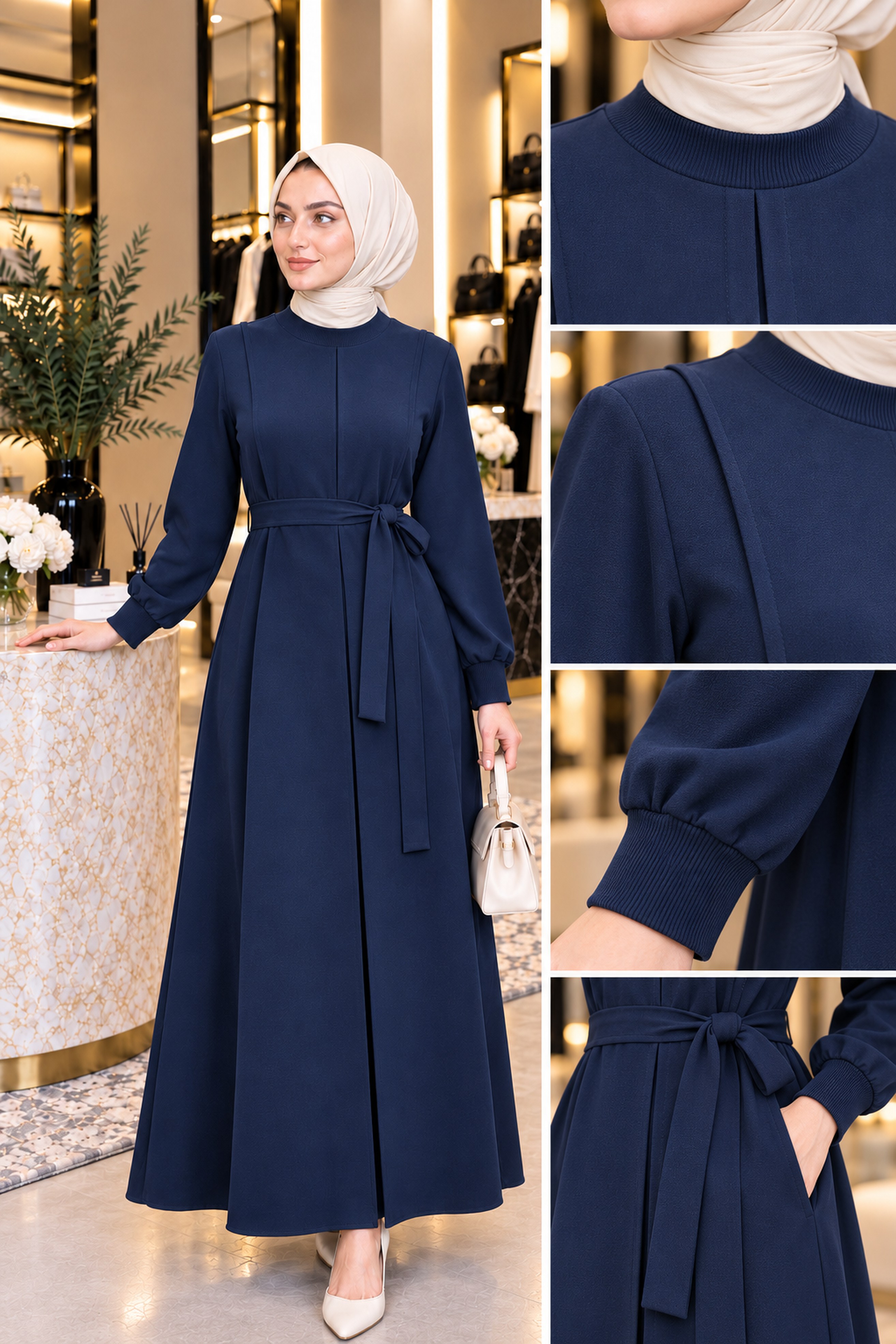 Pleated Detail Dress -navy blue color