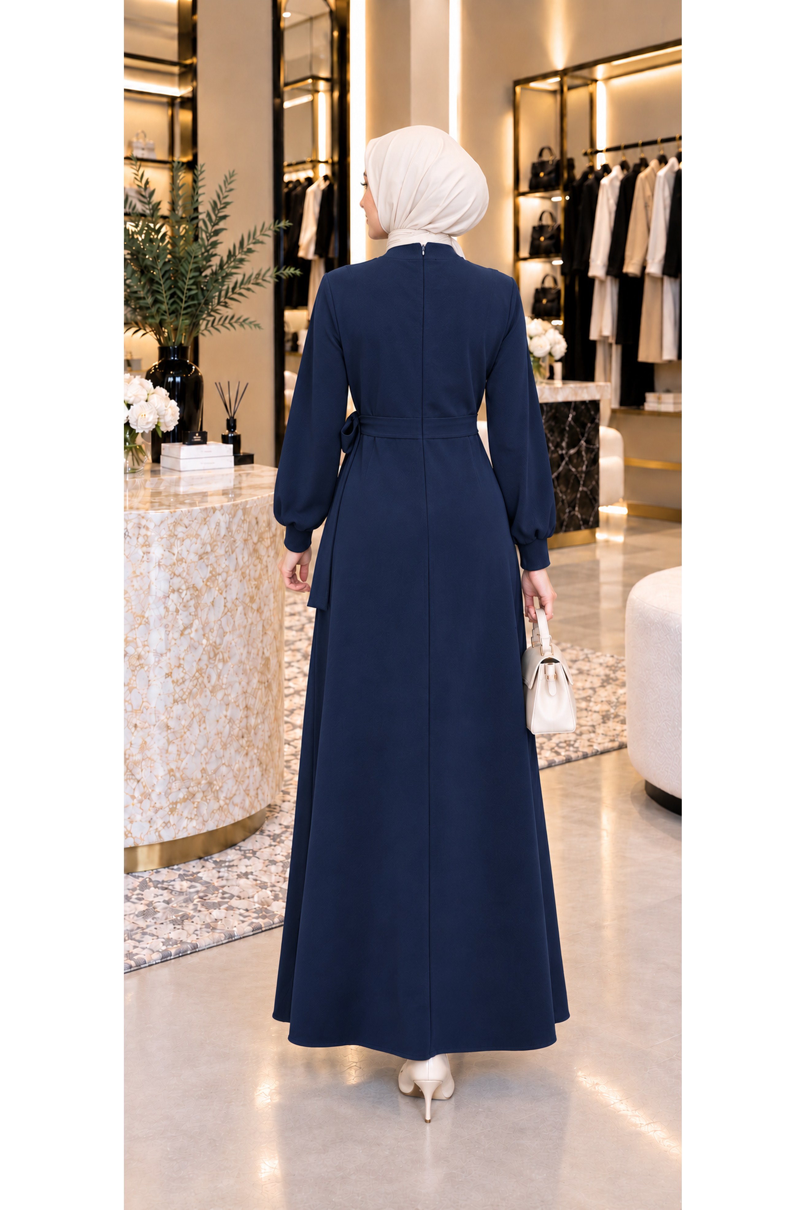 Pleated Detail Dress -navy blue color