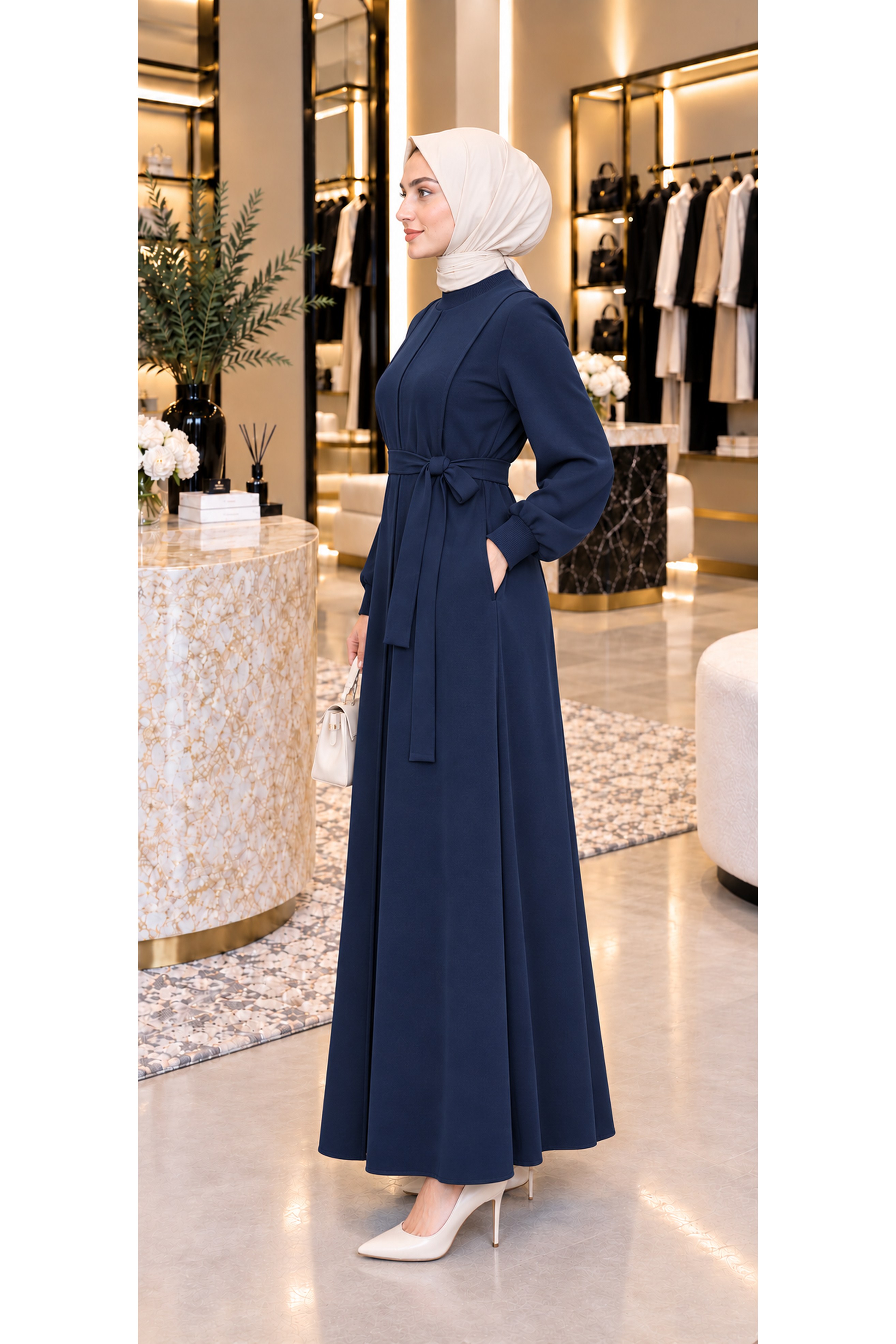 Pleated Detail Dress -navy blue color