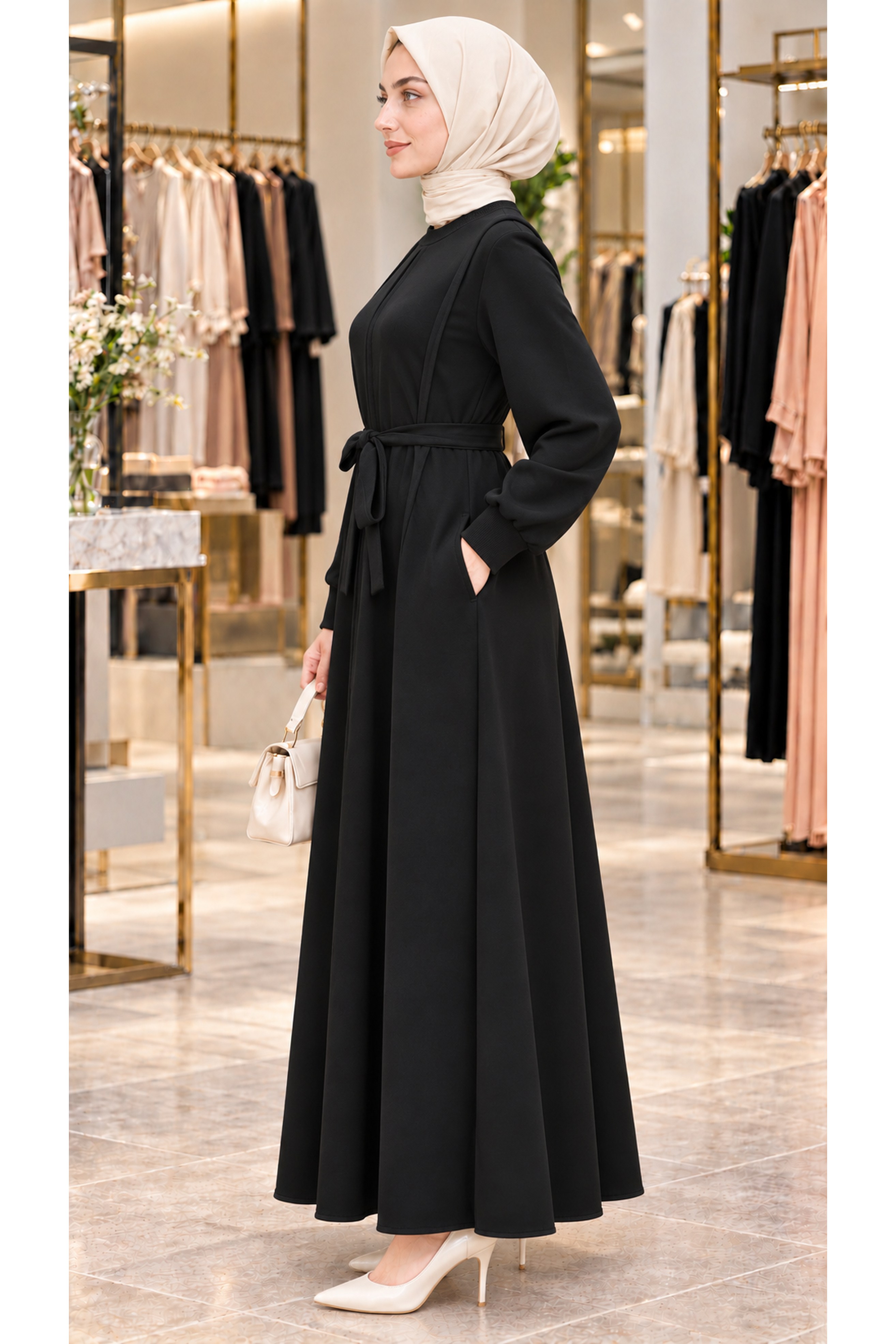 Pleated Detail Dress - Black color