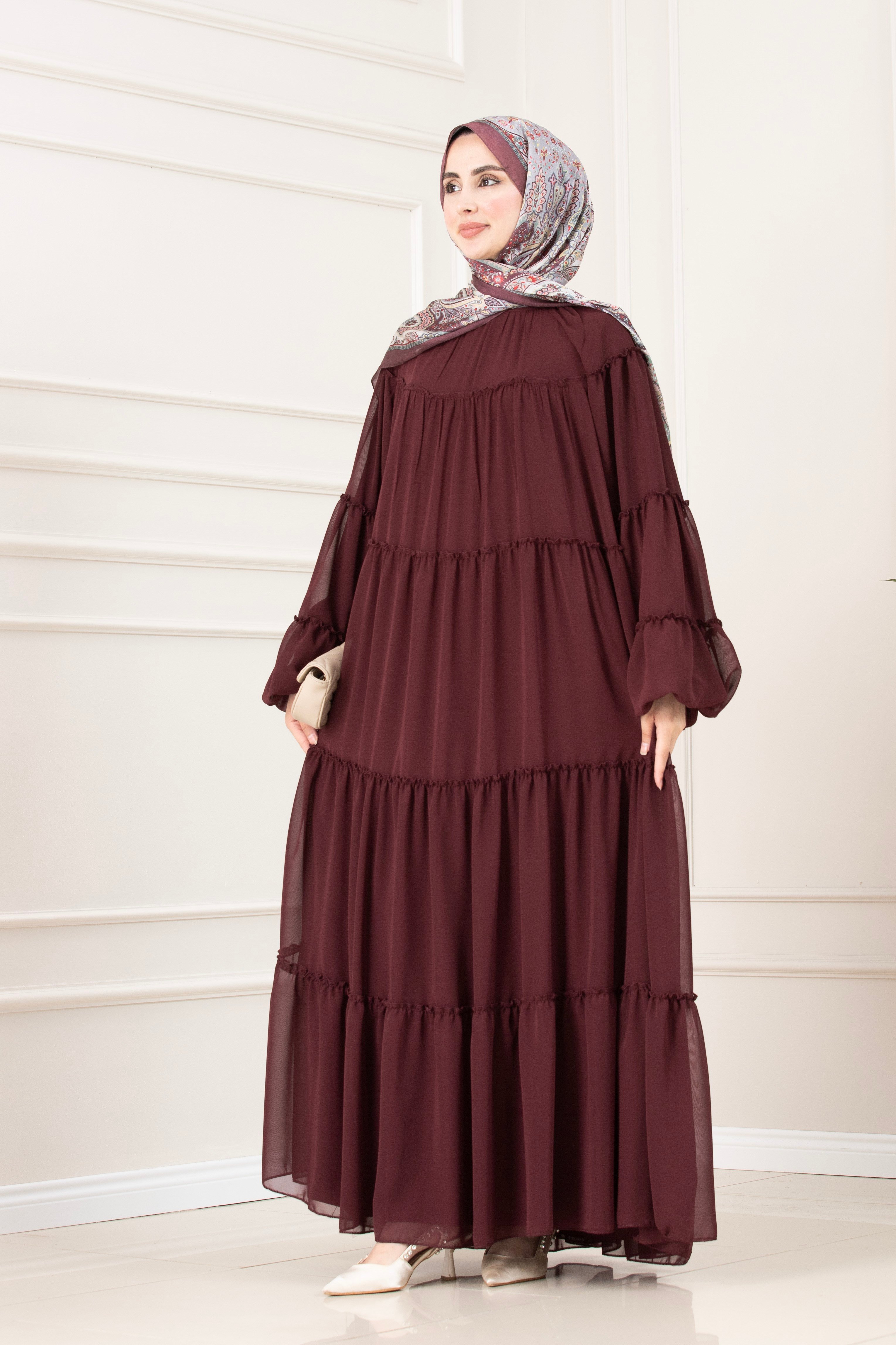 Robalı Manolya Şifon Elbise-BORDO