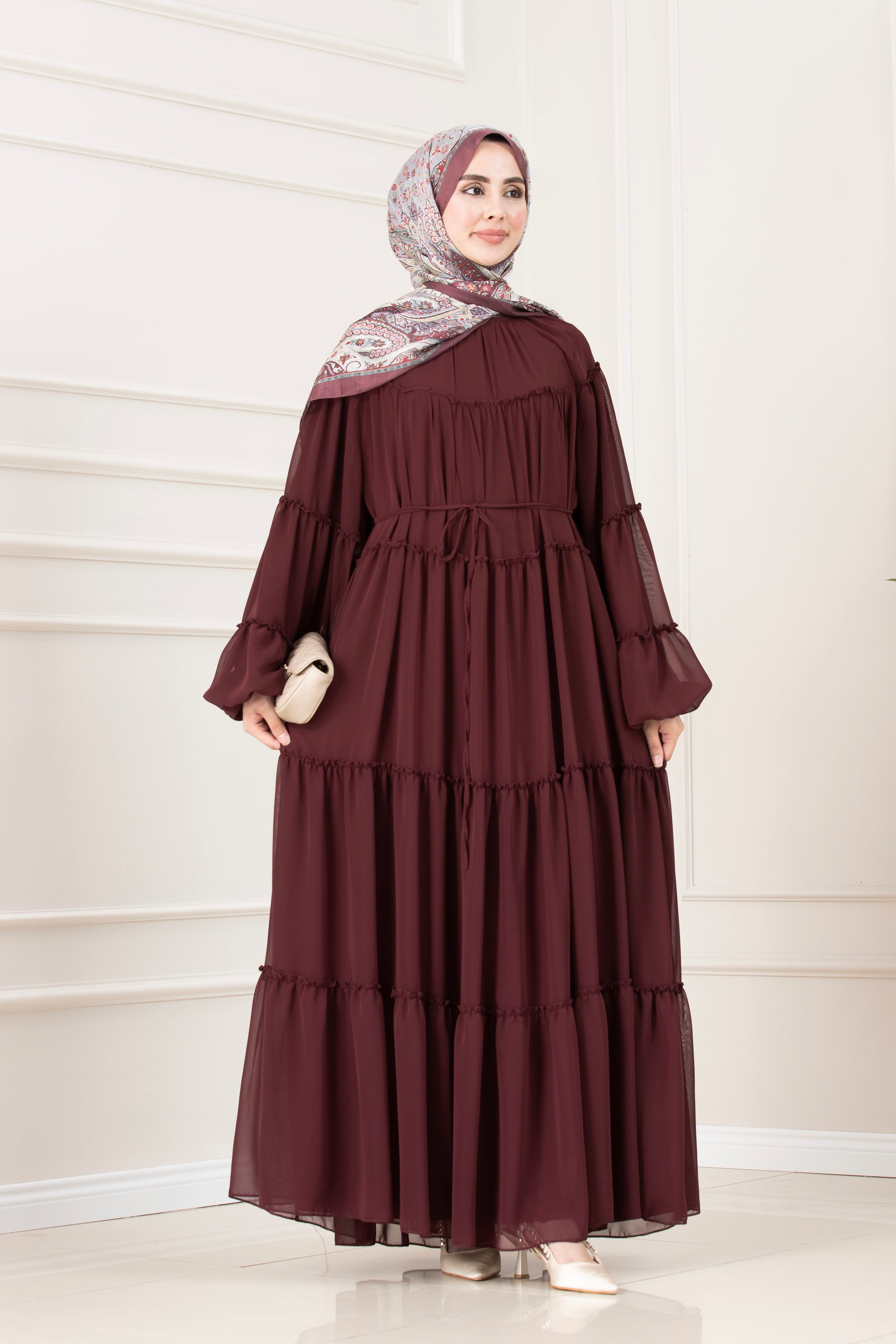 Robalı Manolya Şifon Elbise-BORDO
