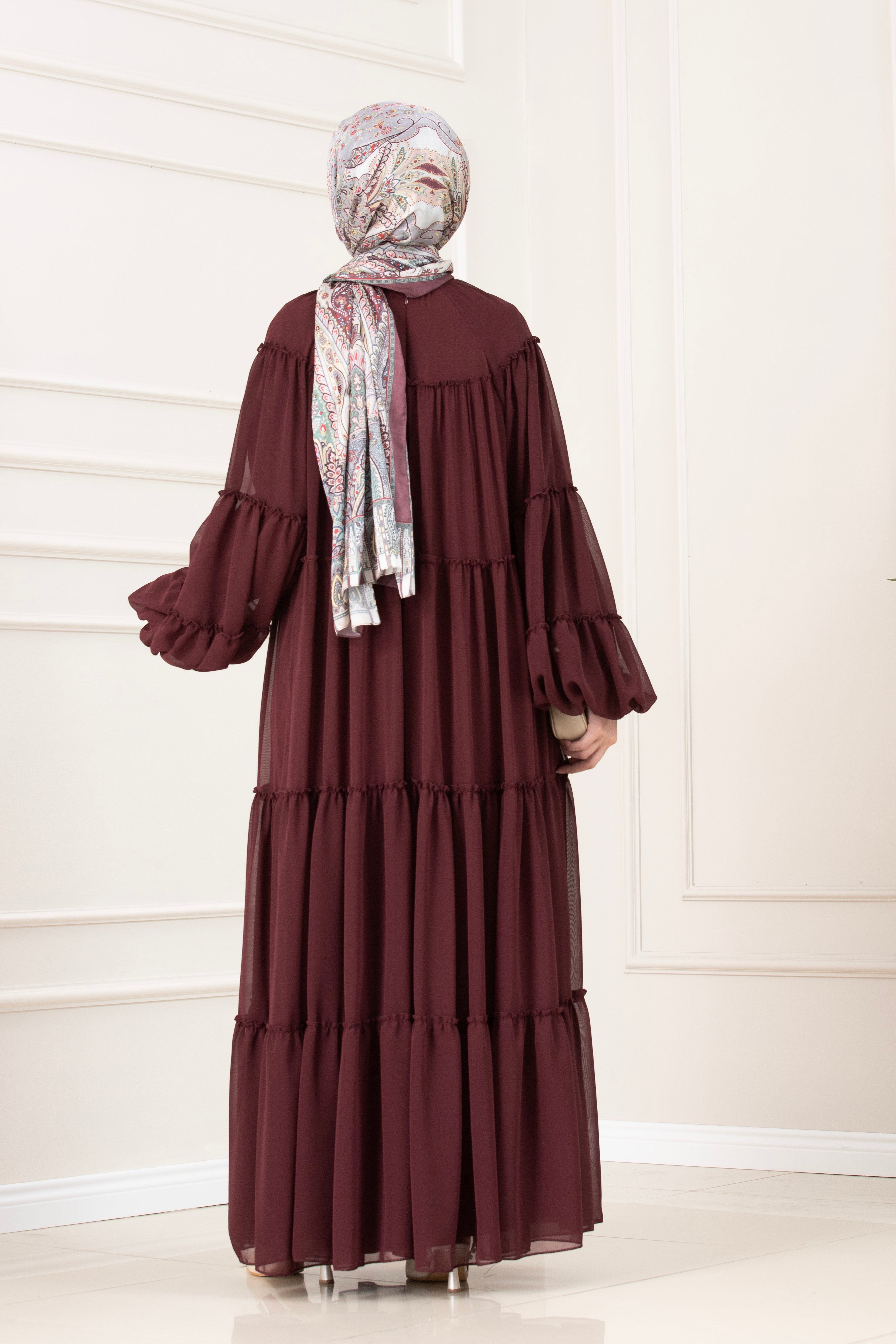 Robalı Manolya Şifon Elbise-BORDO