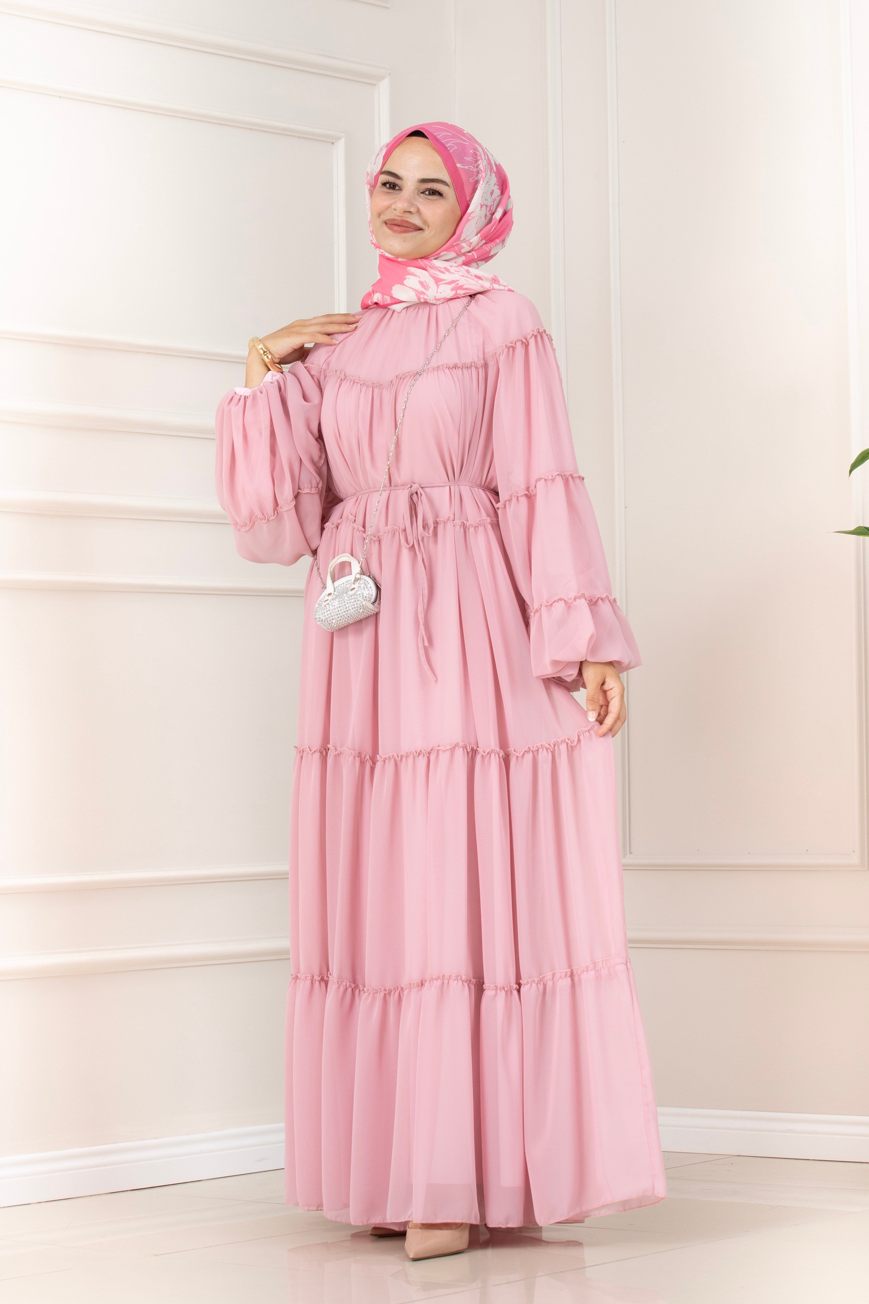 Robalı Manolya Şifon Elbise-PEMBE
