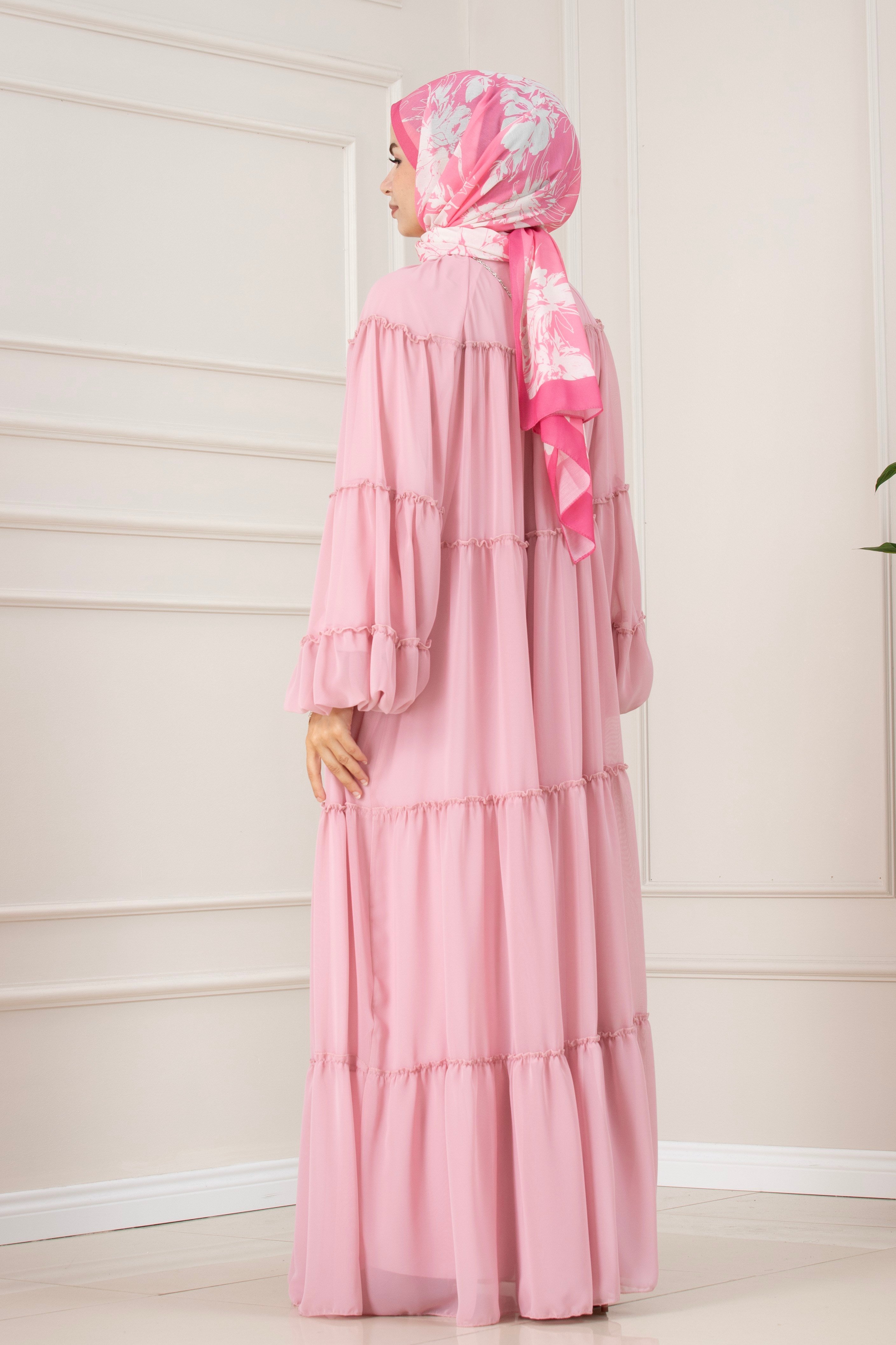 Robalı Manolya Şifon Elbise-PEMBE