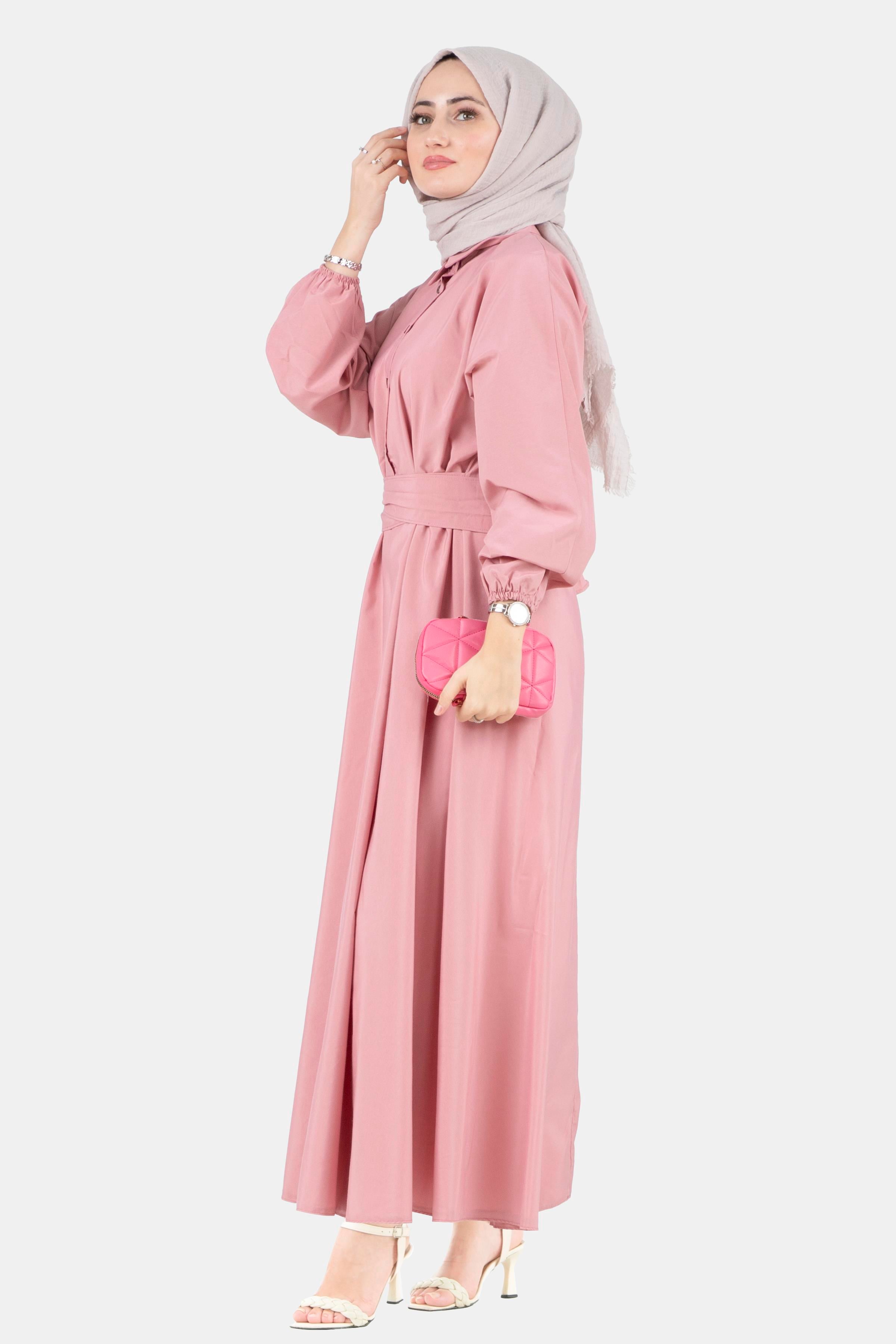 Sabit Kuşaklı Gömlek Yaka Elbise-Pembe