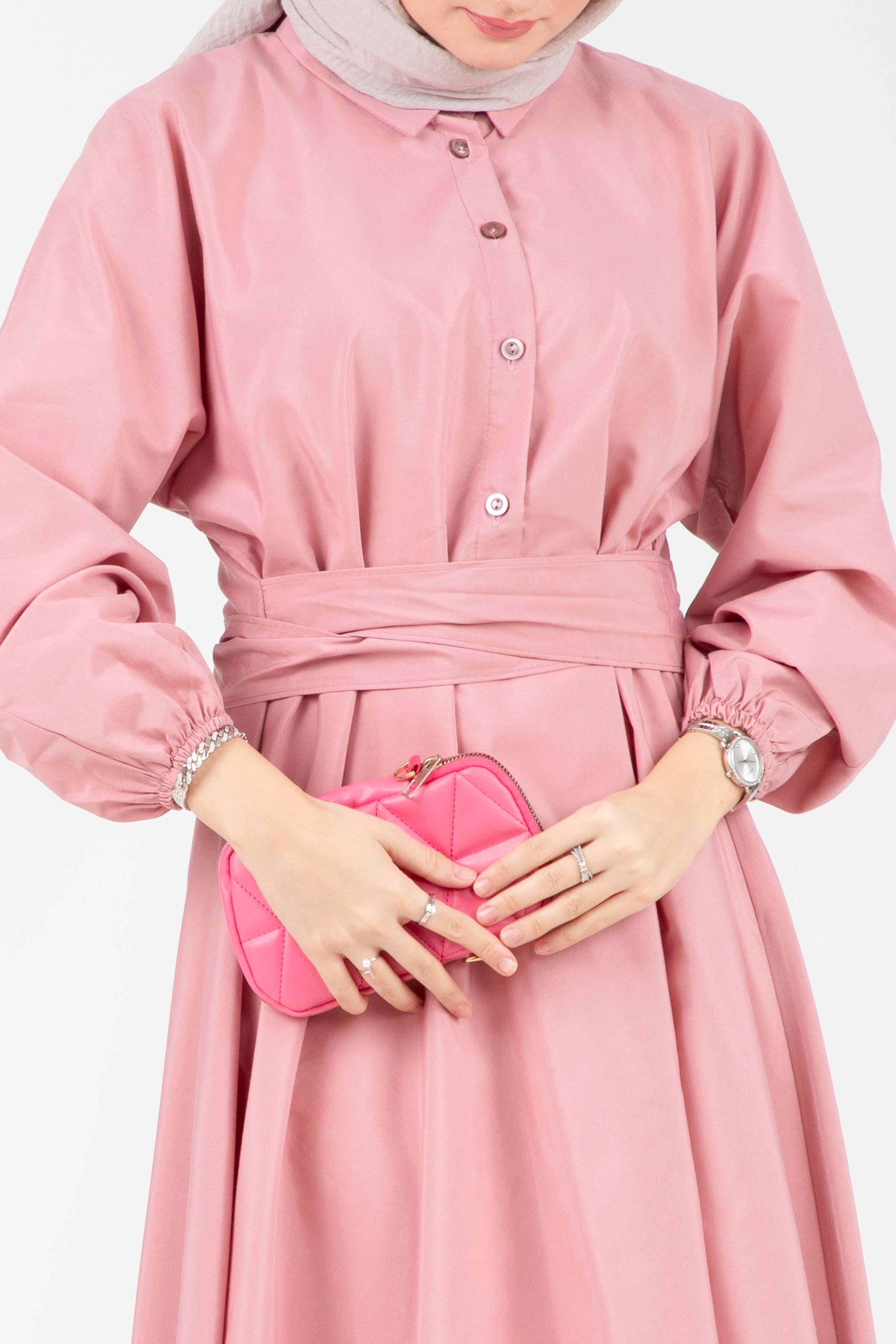 Sabit Kuşaklı Gömlek Yaka Elbise-Pembe