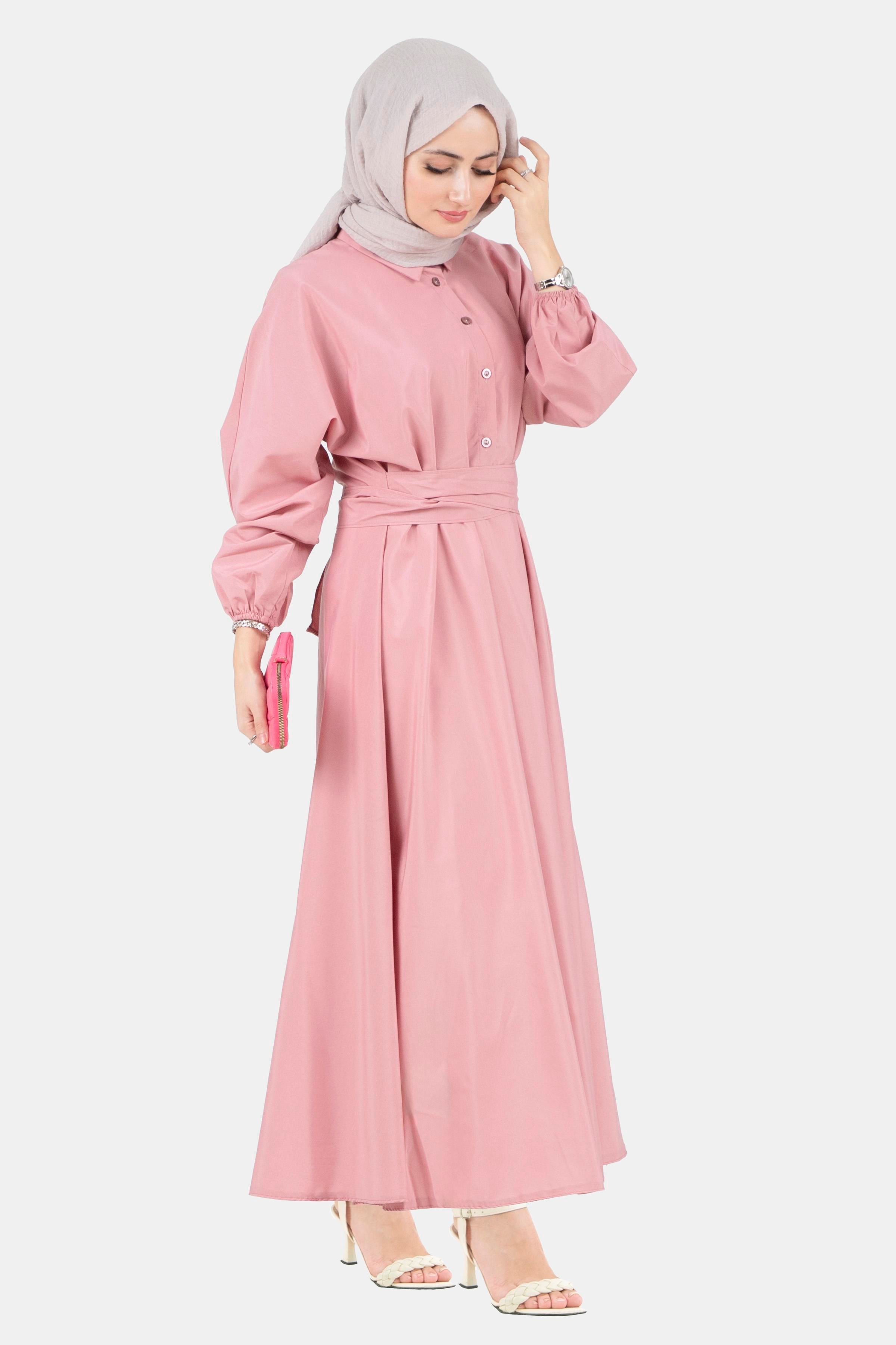 Sabit Kuşaklı Gömlek Yaka Elbise-Pembe