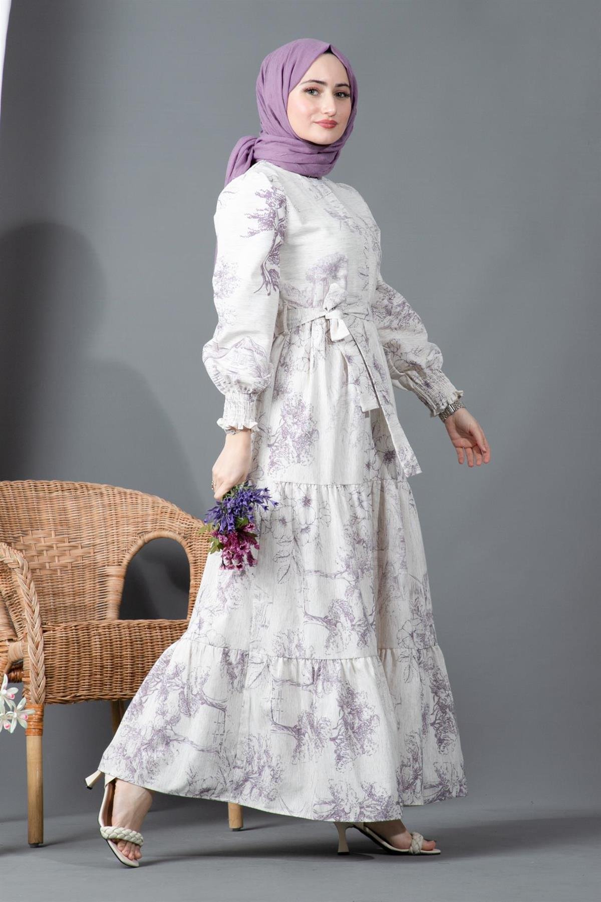 Sakura Çiçekli Keten Elbise-Lila