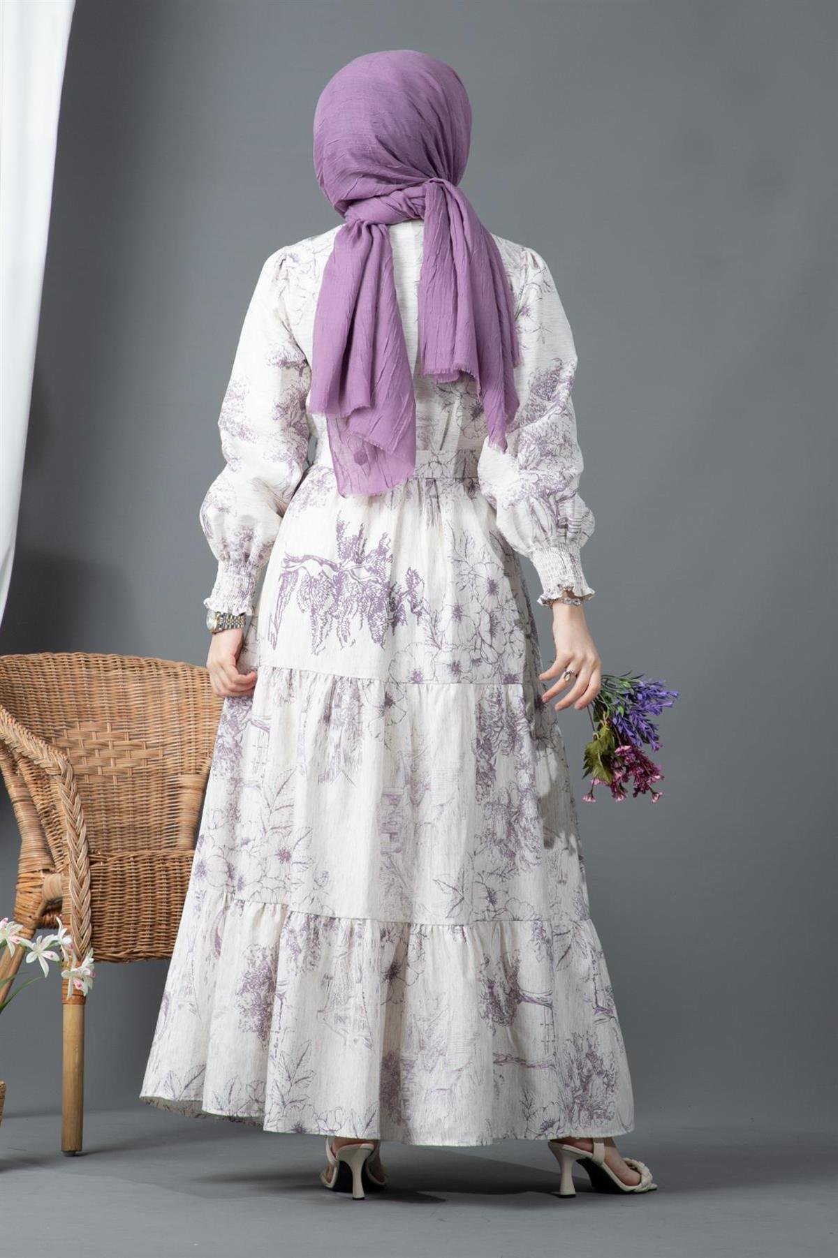 Sakura Çiçekli Keten Elbise-Lila