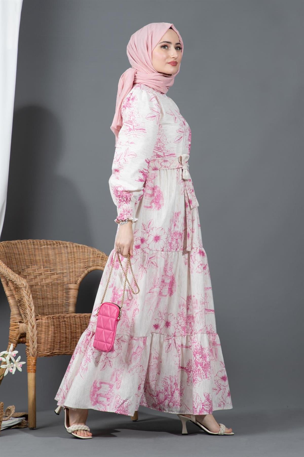 Sakura Çiçekli Keten Elbise-Pembe