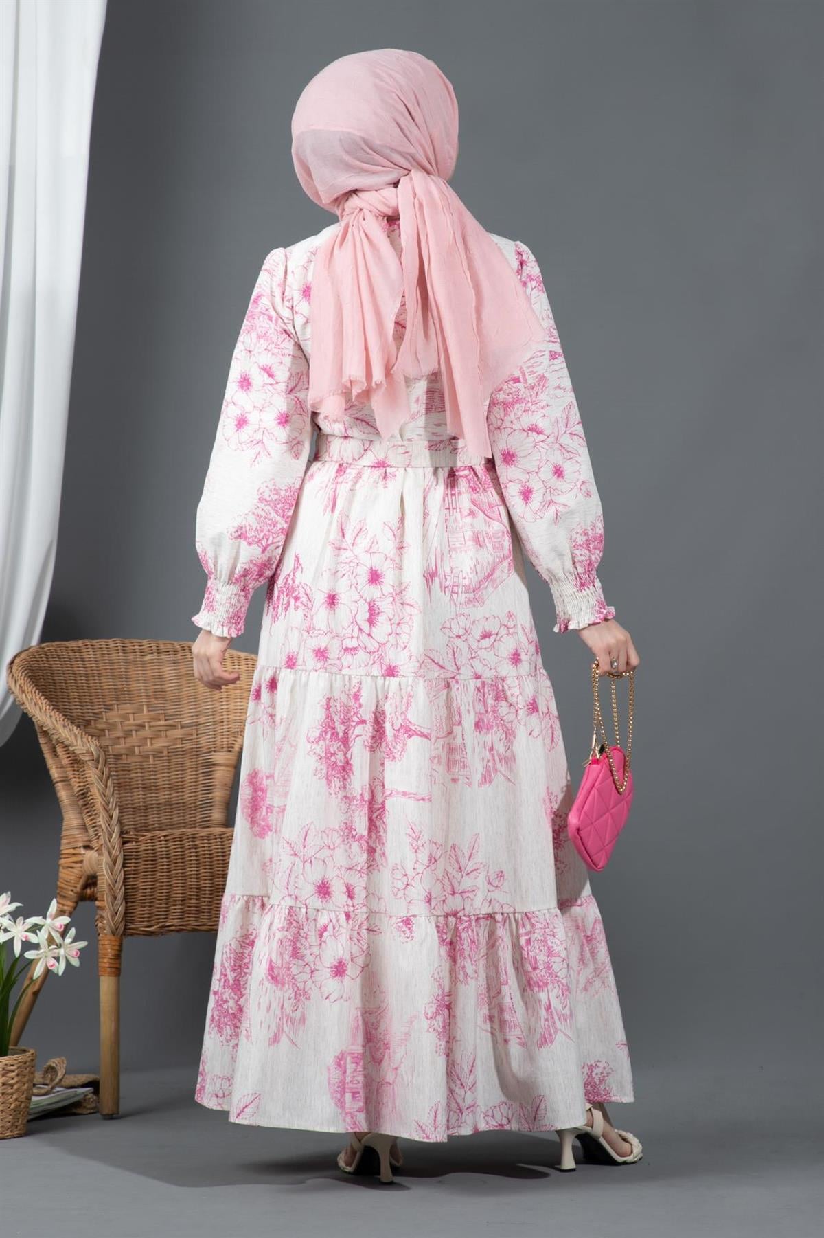 Sakura Çiçekli Keten Elbise-Pembe