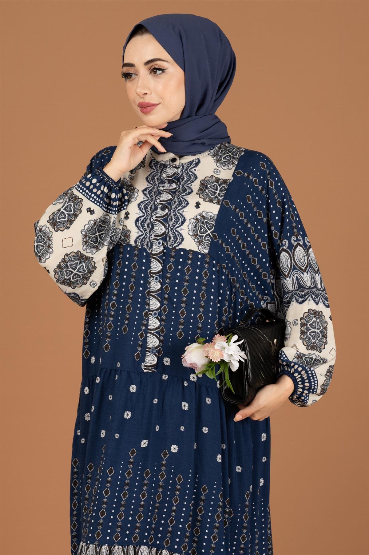 Şal desenli Elbise-Lacivert