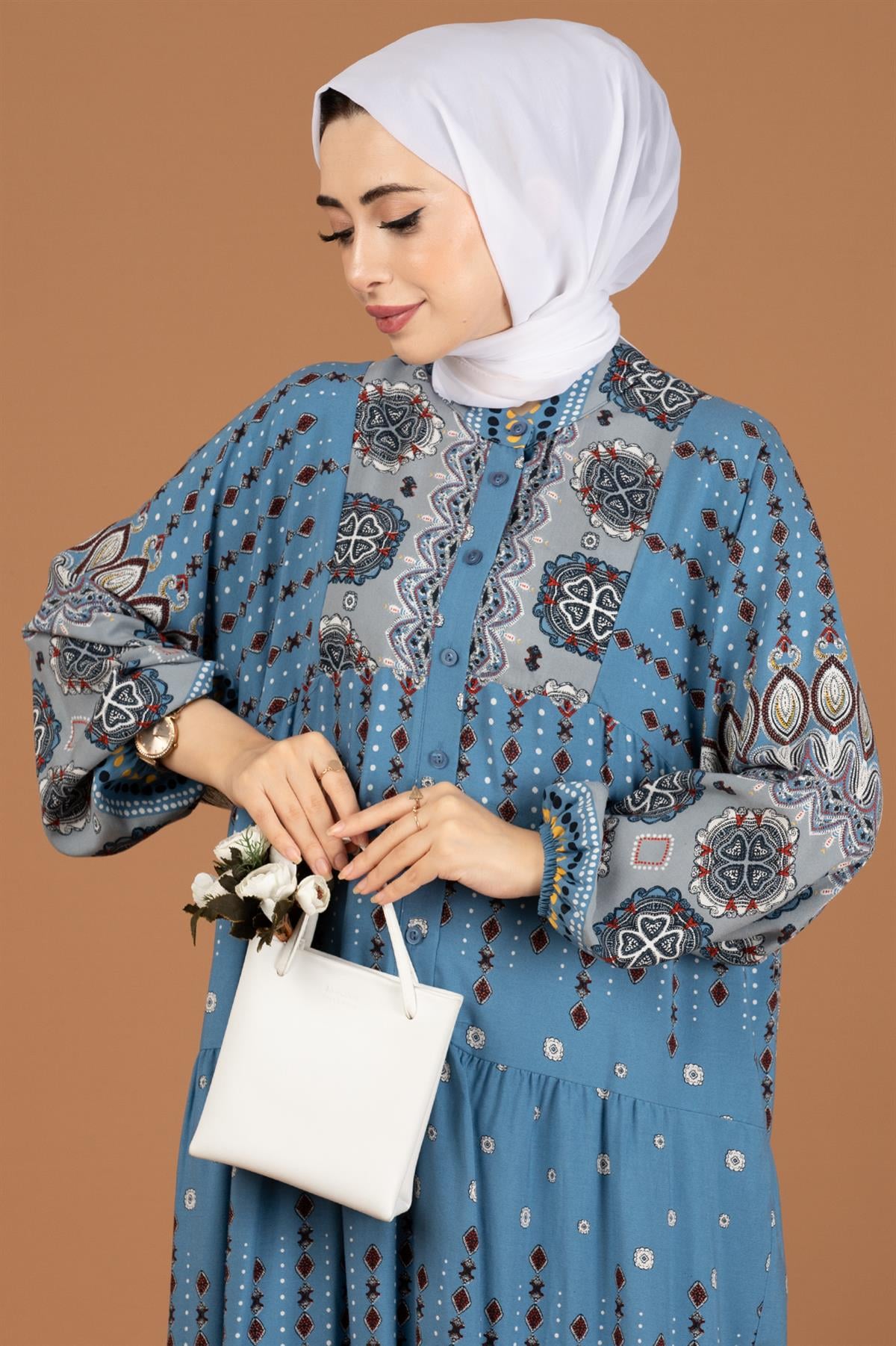Şal desenli Elbise-Mavi