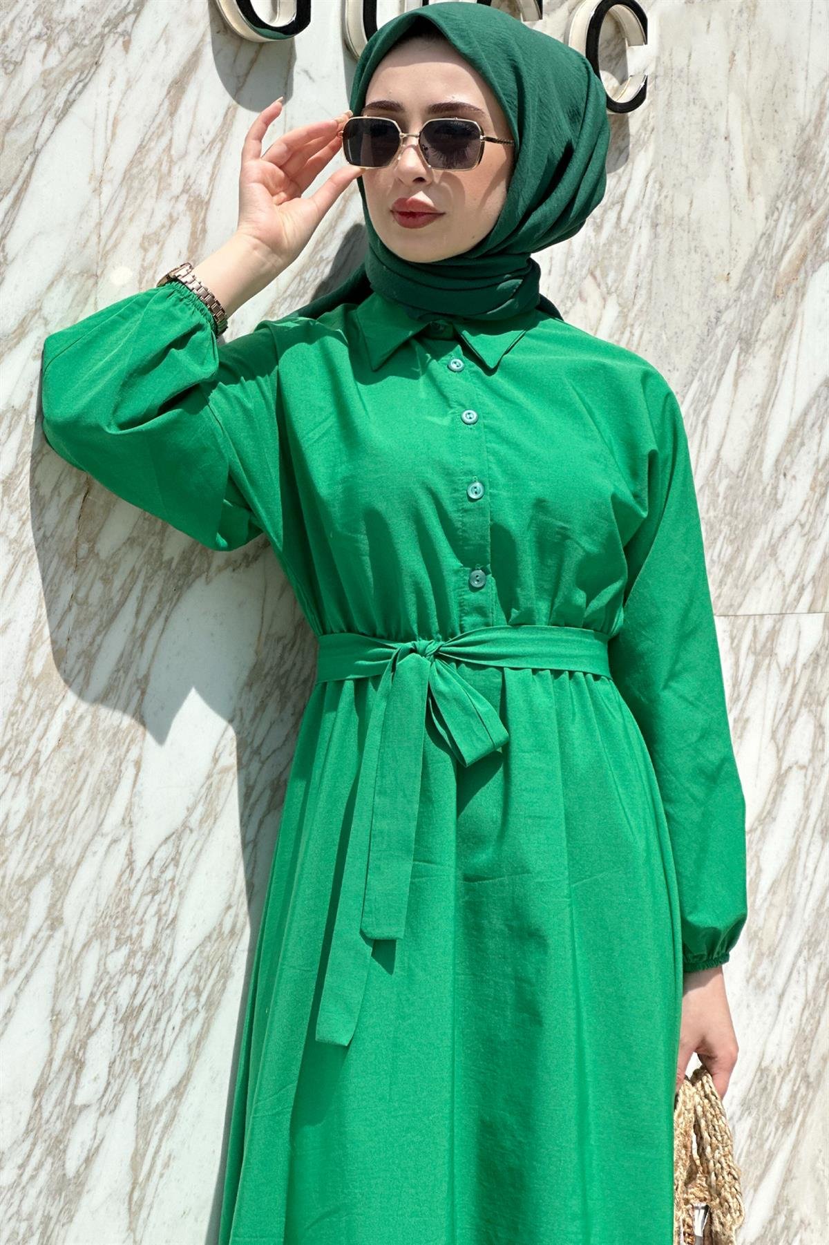 Yakalı Mevlana Elbise-Benetton Yeşili
