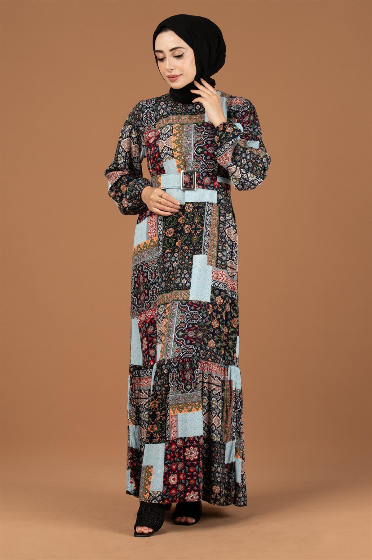 Yama Desenli Viscon Elbise-Siyah