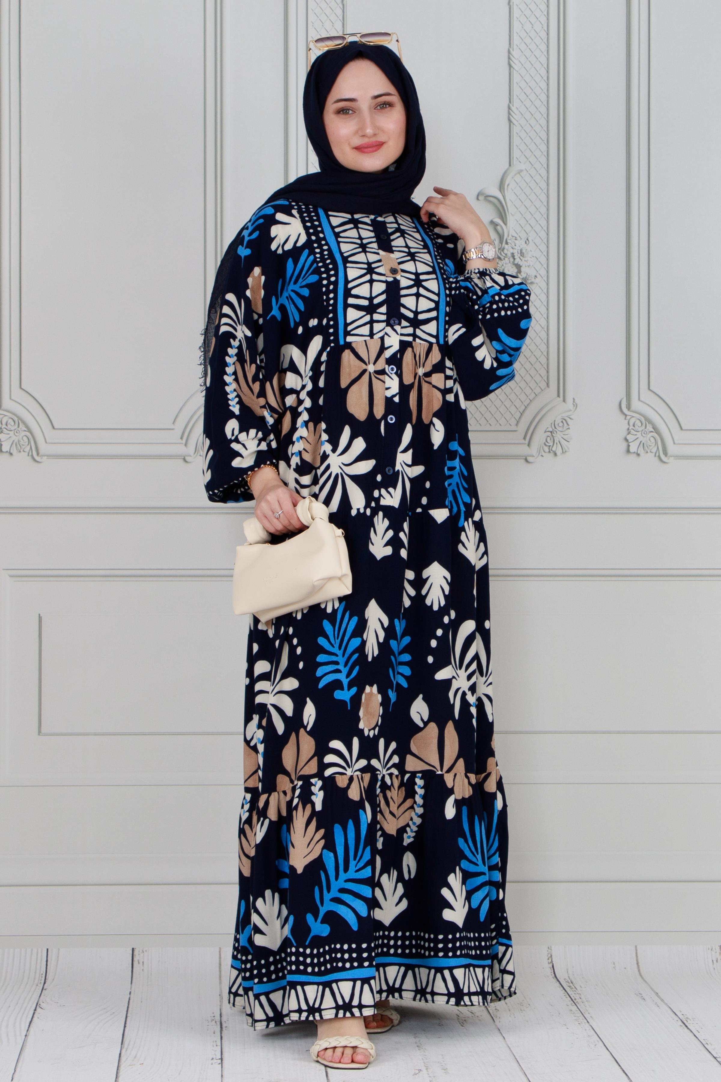 Yarım Düğmeli Mevsimlik Tesettür Elbise-Lacivert