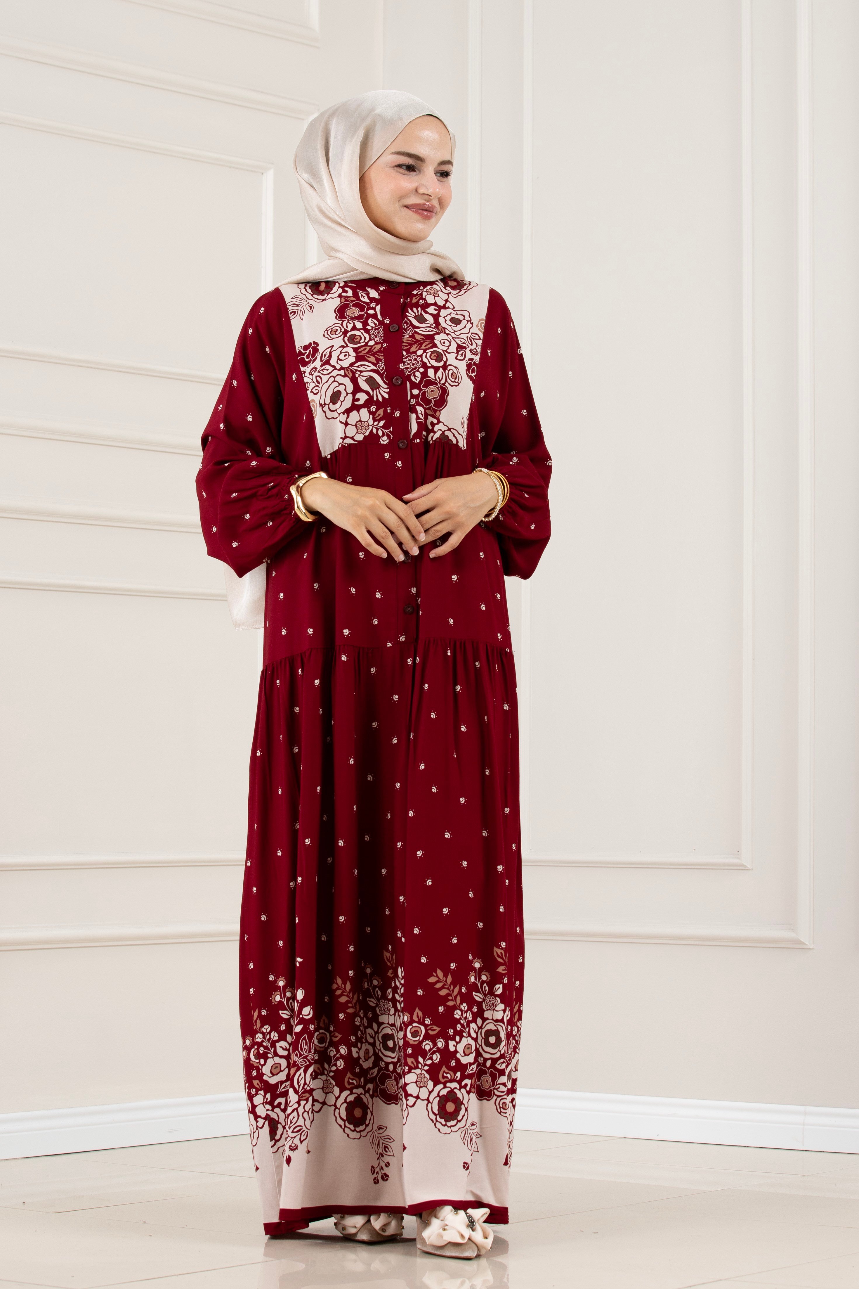 Yarım Düğmeli Robalı Damla Elbise-BORDO