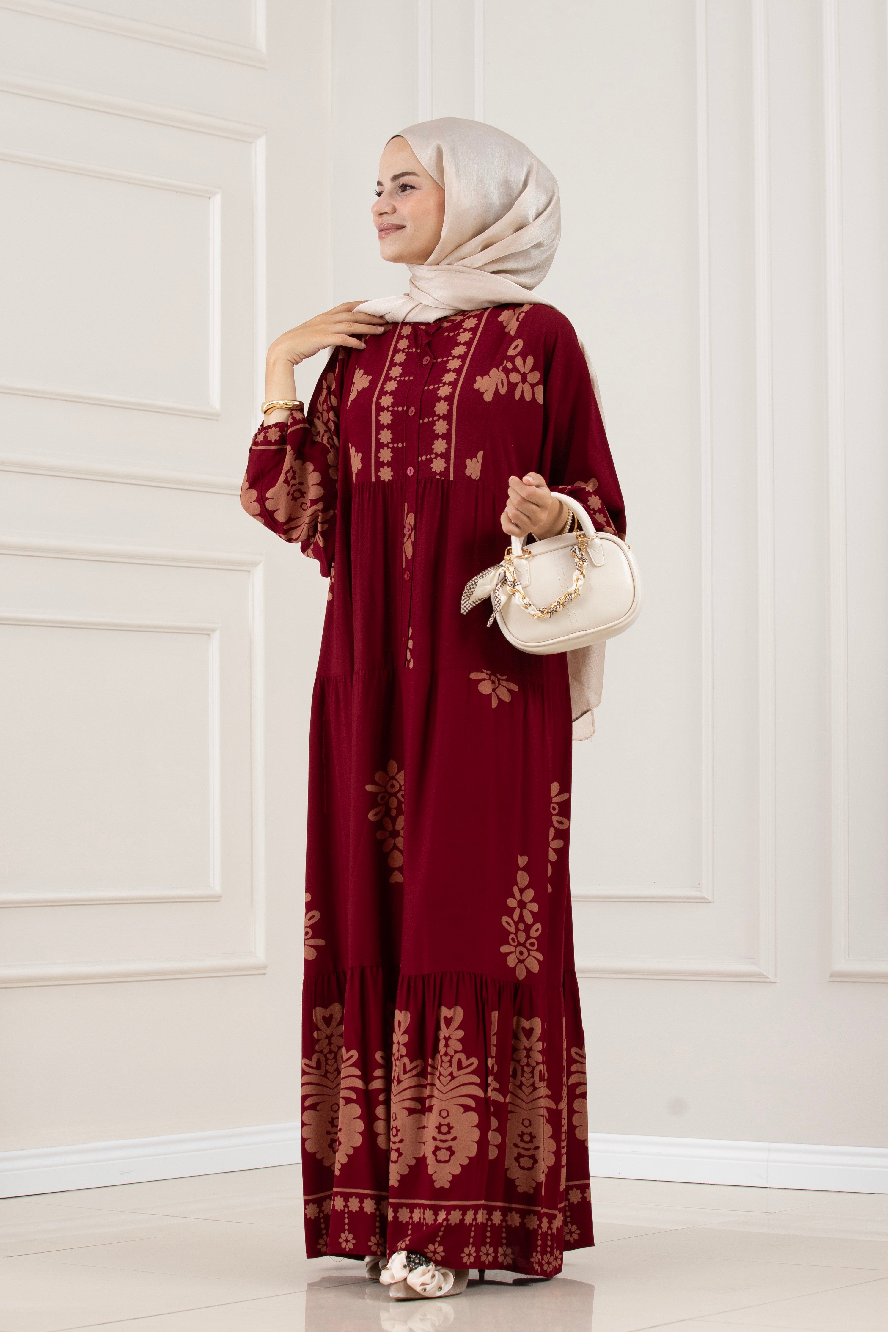 Yarım Düğmeli Robalı Nesrin Elbise-BORDO