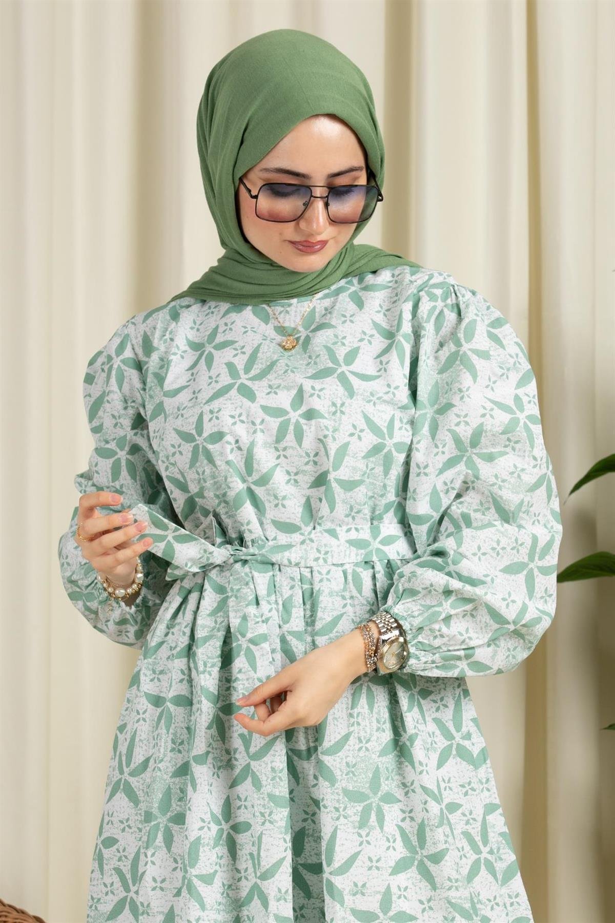 Yıldız Desenli Elbise-Yeşil