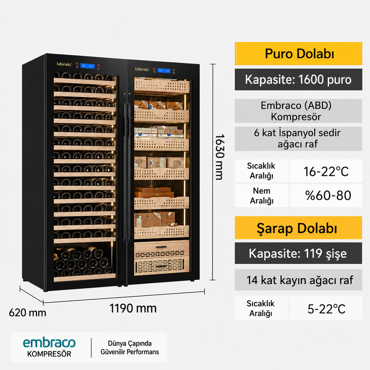 Lubinski Kombine Elektronik Çift Kabin Şarap ve Puro Dolabı 1600